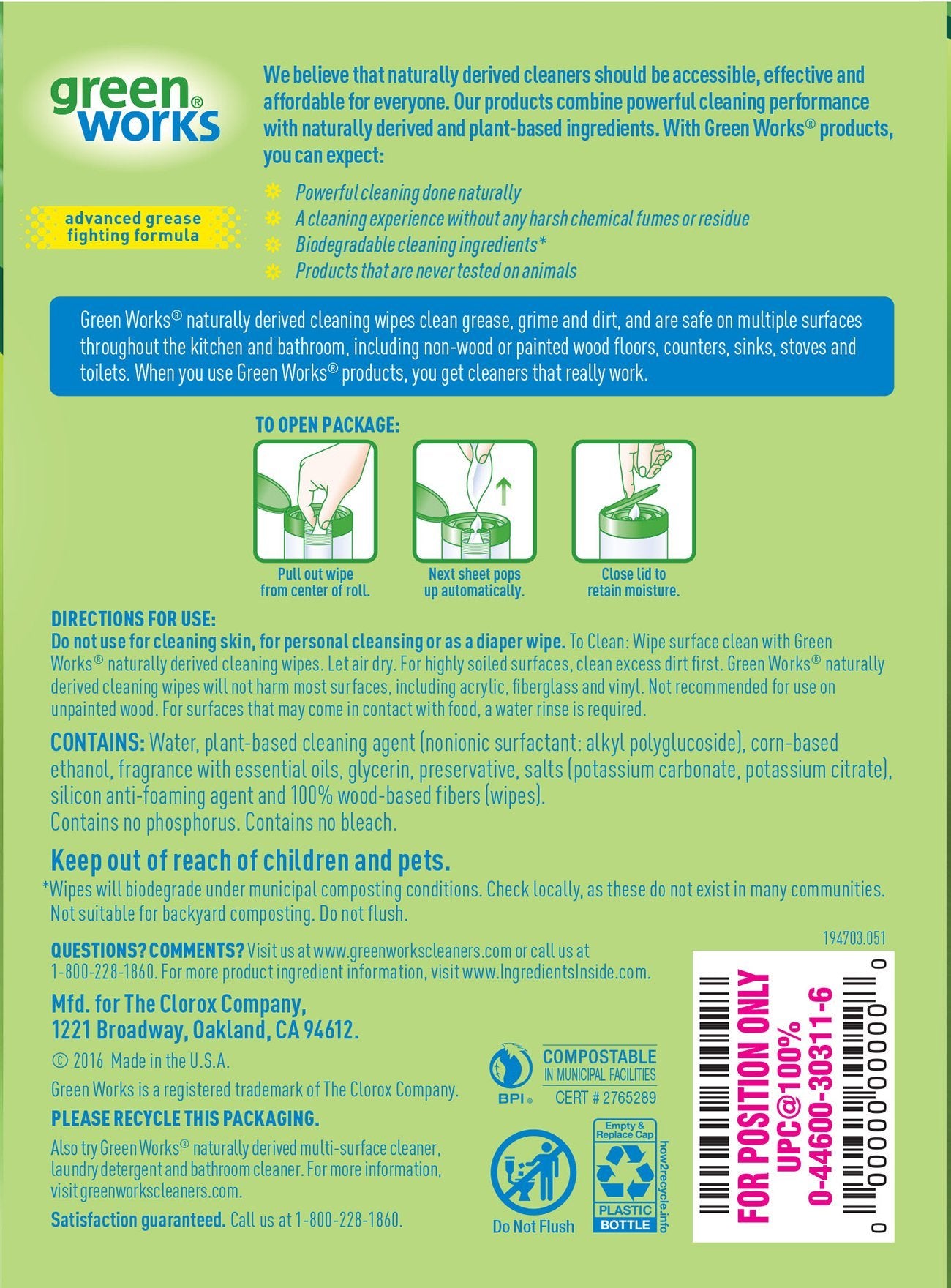 Green Works Compostable Cleaning Wipes, Biodegradable Cleaning Wipes - Original Fresh, 30 Count