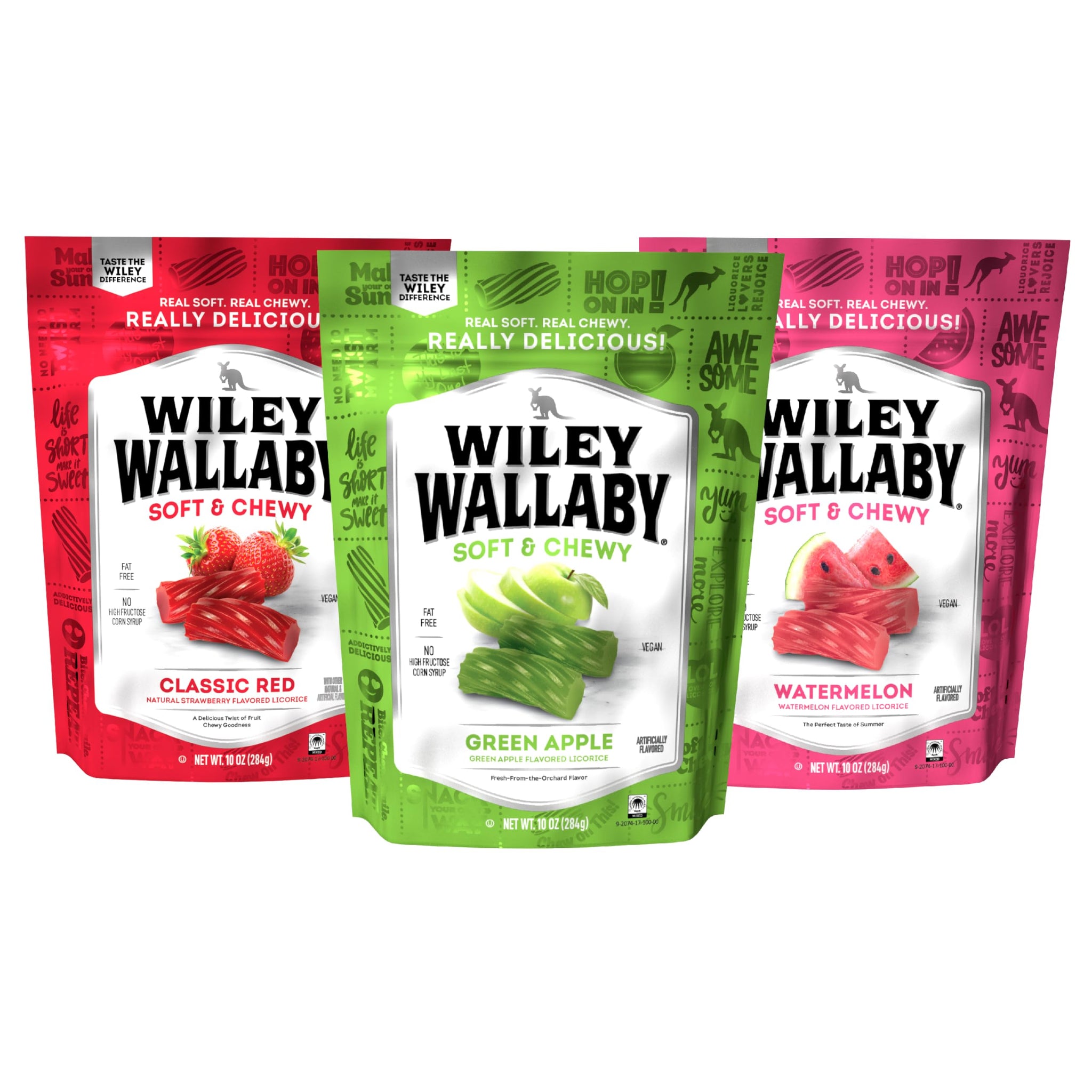Wiley Wallaby Licorice 10 Ounce Variety Pack - Red Strawberry, Watermelon & Green Apple Classic Gourmet Australian Style Soft & Chewy Licorice Candy