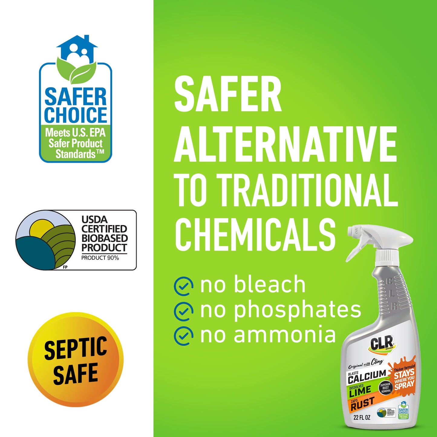 CLR Brands Calcium, Lime & Rust Remover with Cling, 22 oz. Spray Bottle, Adheres to Hard-to-Reach Surfaces, Blasts Calcium, Dissolves Lime Deposits