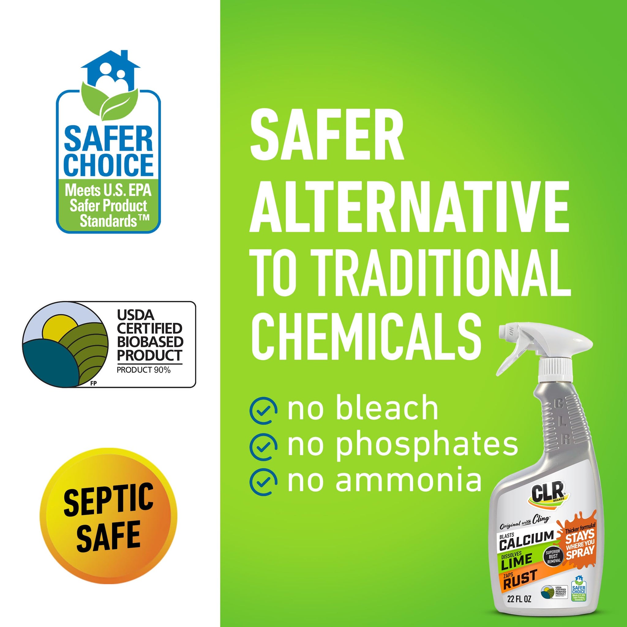 CLR Brands Calcium, Lime & Rust Remover with Cling, 22 oz. Spray Bottle, Adheres to Hard-to-Reach Surfaces, Blasts Calcium, Dissolves Lime Deposits