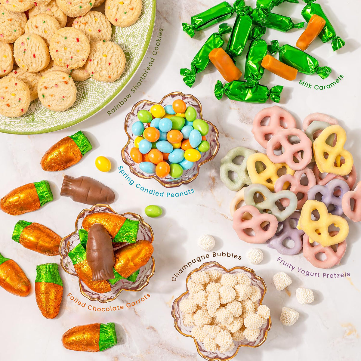 Easter Carrot Treat Gift Box - Spring Candy Assortment with Caramels, Champagne Bubbles Candy, Candied Peanuts, Yogurt Pretzels & Shortbread Cookies