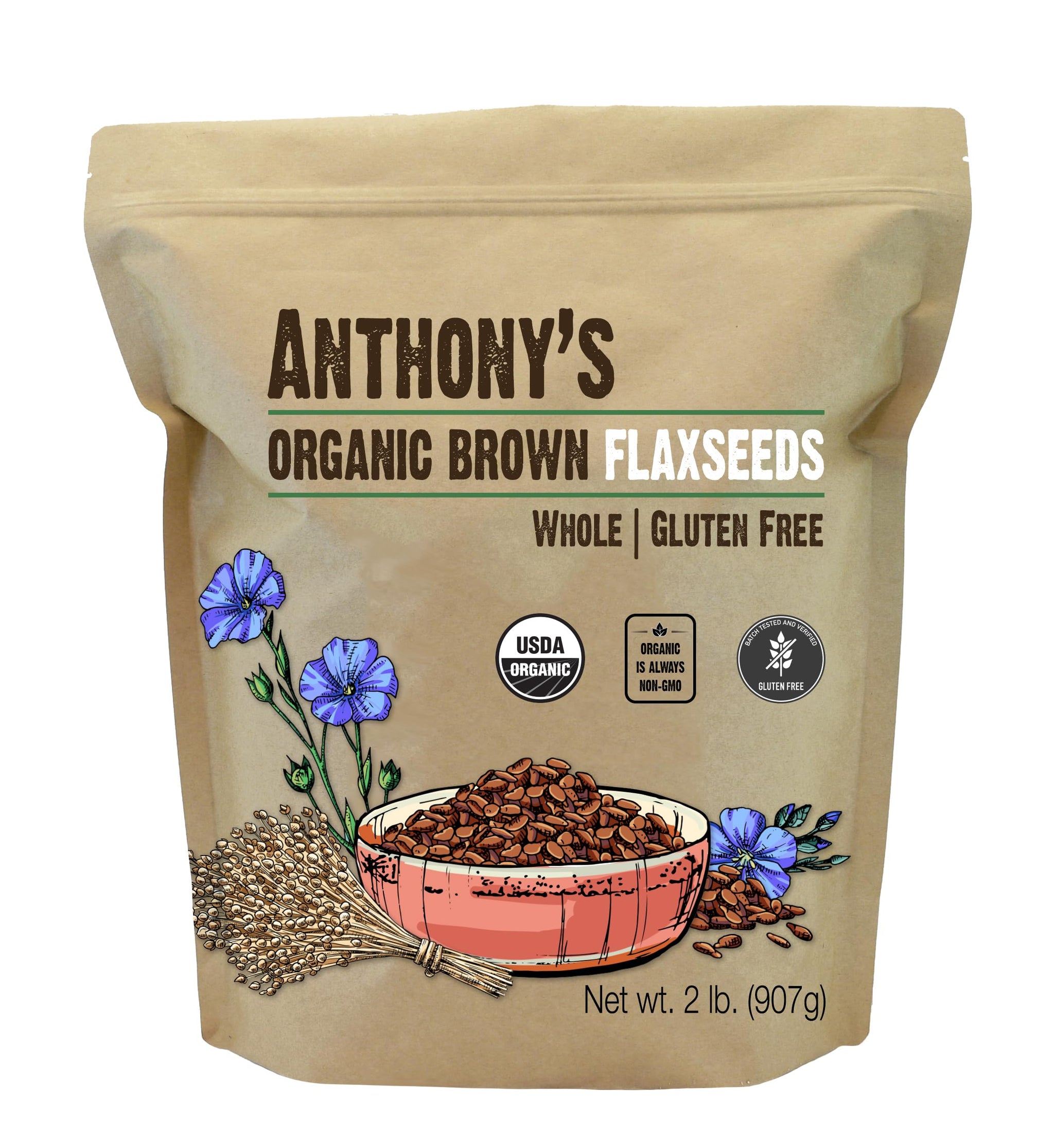 Anthony's Organic Brown Whole Flaxseed, 2 lb, Batch Tested and Gluten Free, Raw, Non GMO, Sproutable, Keto Friendly