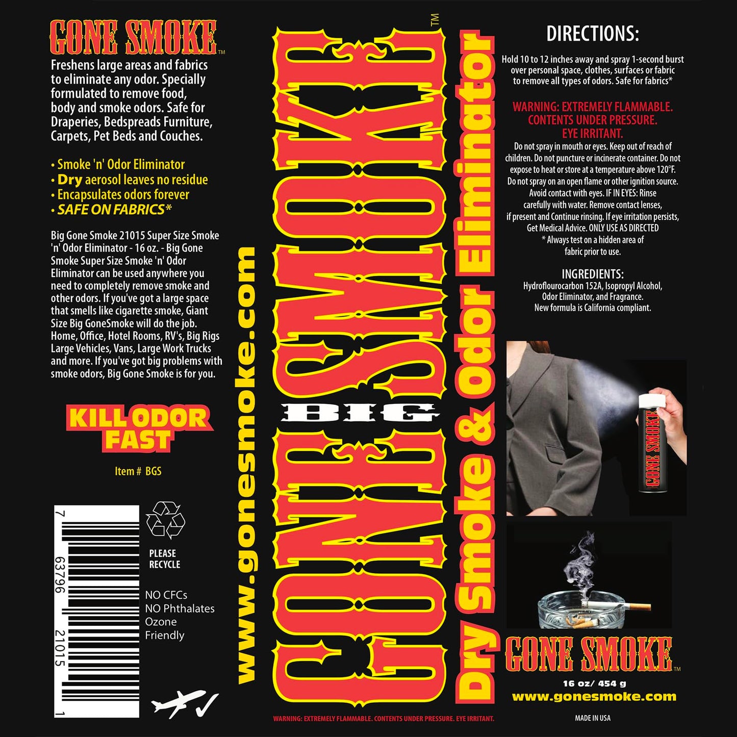 Big Gone Smoke- Dry Smoke Odor Eliminator Air Freshener Aerosol 16 oz 3 Pack