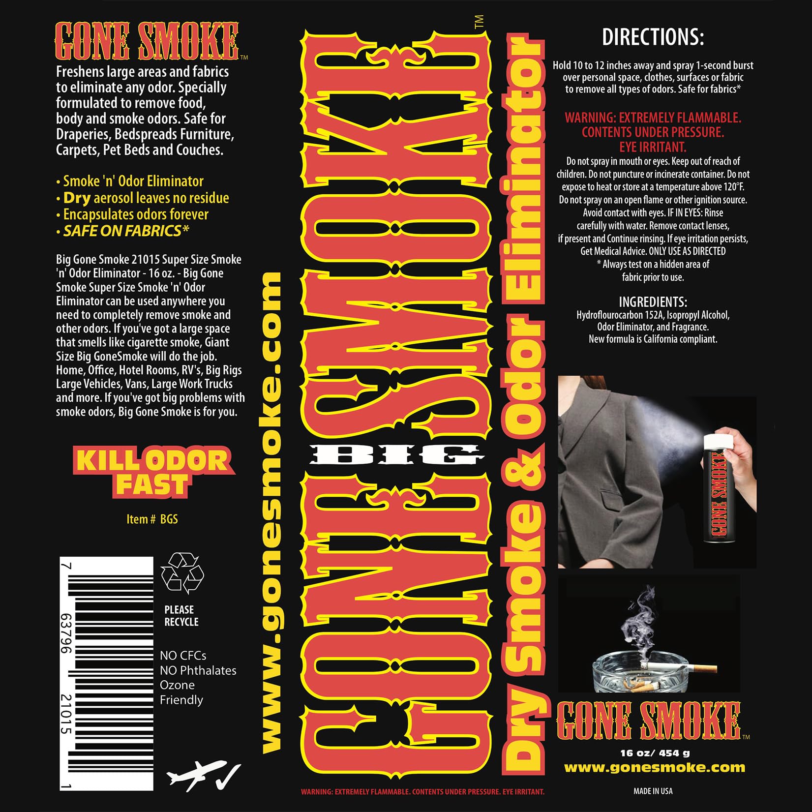 Big Gone Smoke- Dry Smoke Odor Eliminator Air Freshener Aerosol 16 oz 3 Pack