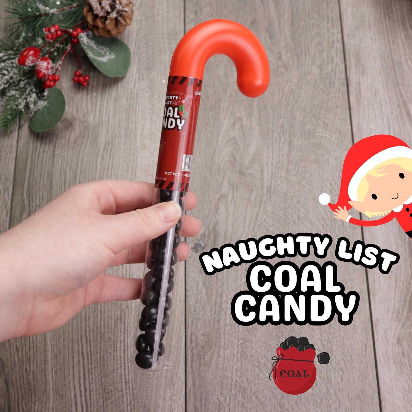 Naughty List Christmas Candy Coal Gift Set, Sour Gummies and Strawberry Chews, Funny Stocking Stuffer Treats, 3 Items