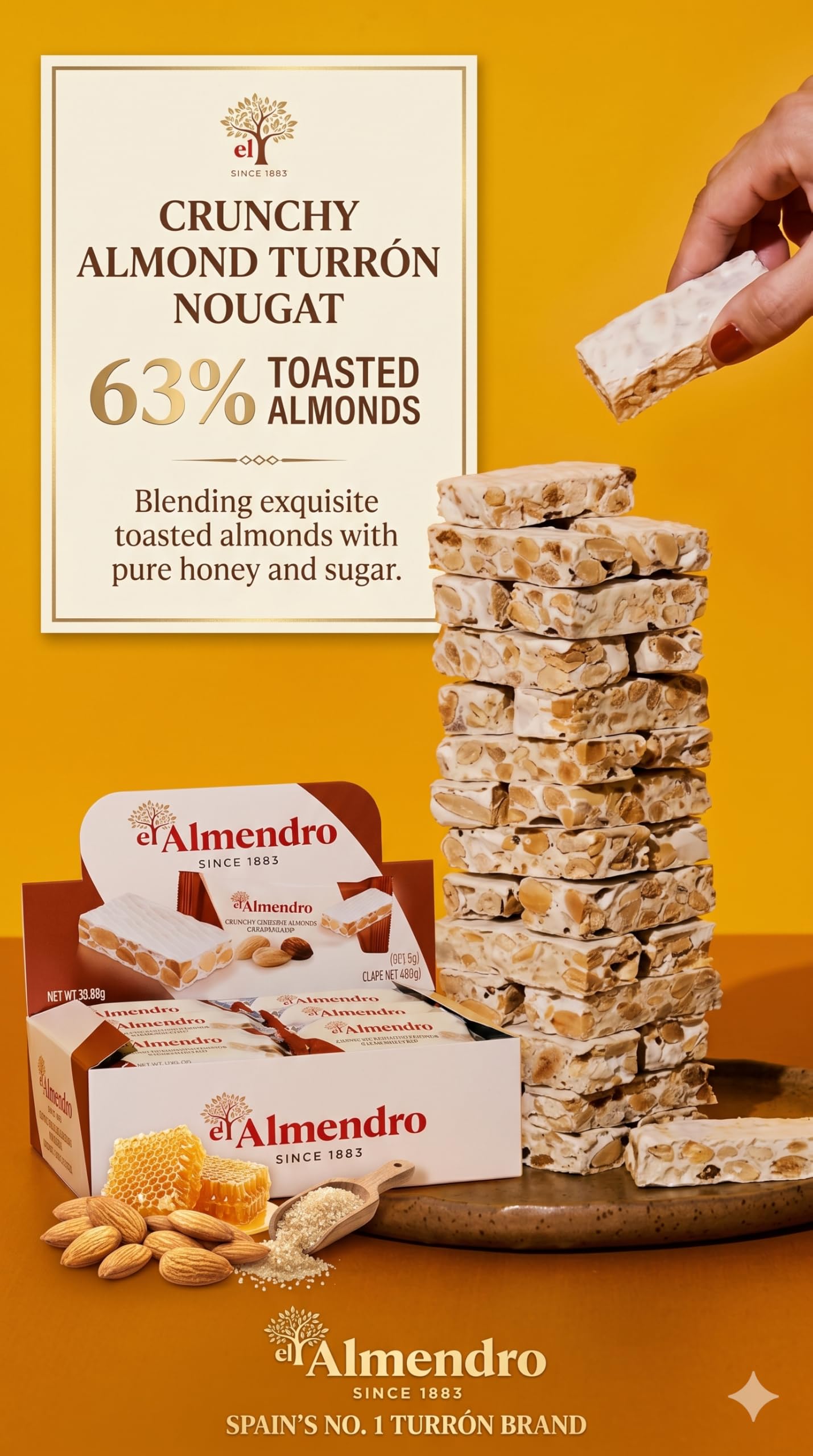 Crunchy Almond Turron Nougats From Spain, Traditional Spanish Candy Individually Wrapped, 24 Turron Duro Bars By El Almendro, Dessert, Gluten Free