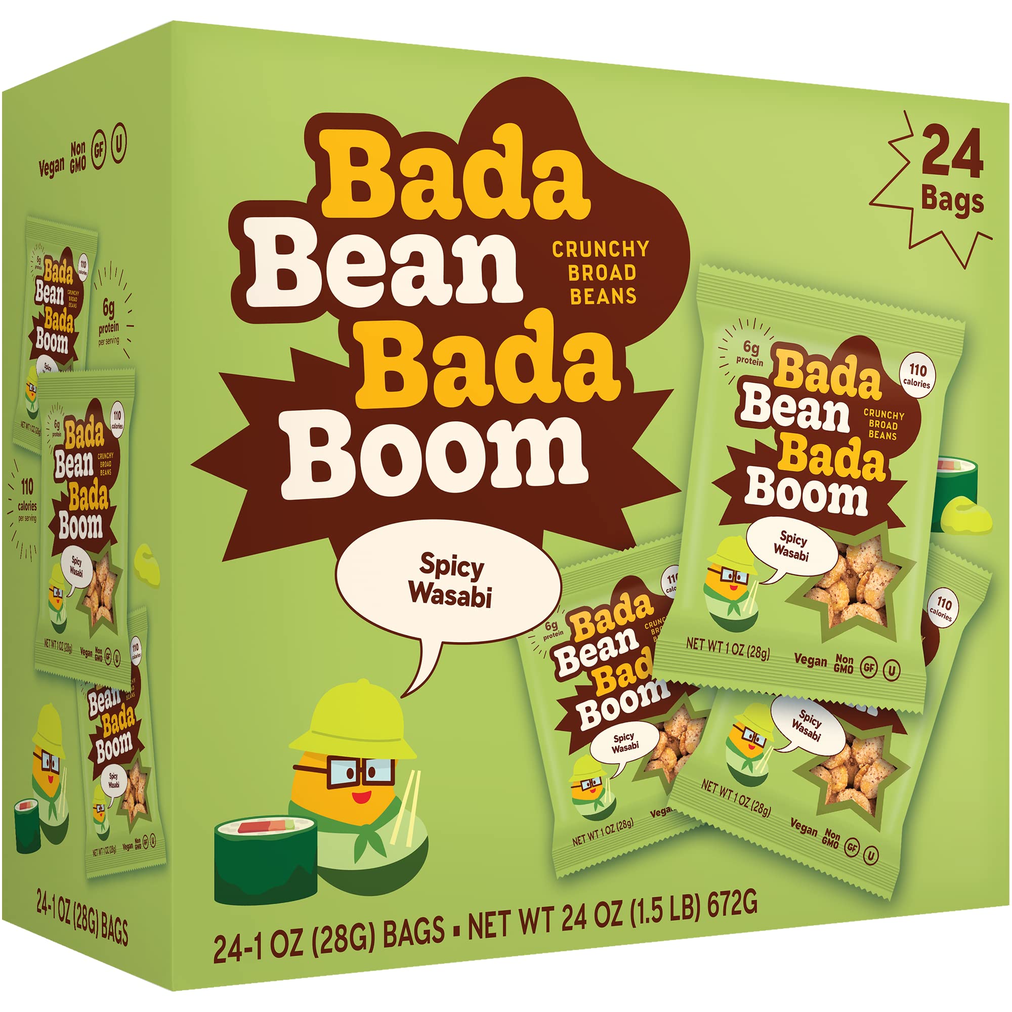 Bada Bean Bada Boom, Crunchy Roasted Broad Bean Snacks (Fava), High Protein, Vegan, Gluten-free - 110 Calorie Packs, Spicy Wasabi, 1 Ounce (Pack