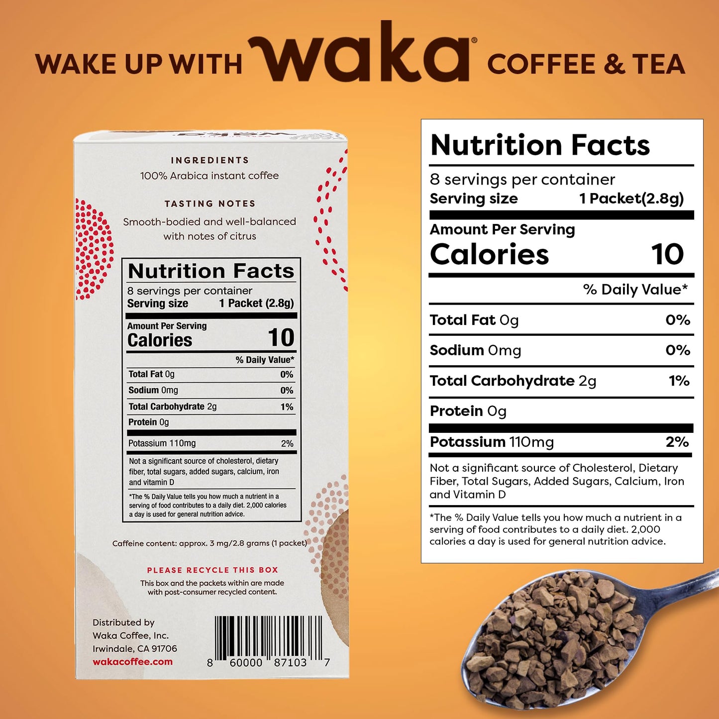 Waka Premium Decaf Instant Coffee Sachets - 100% Arabica Freeze Dried Beans - For Hot or Iced Coffee (8 Count, Decaf Medium Roast)