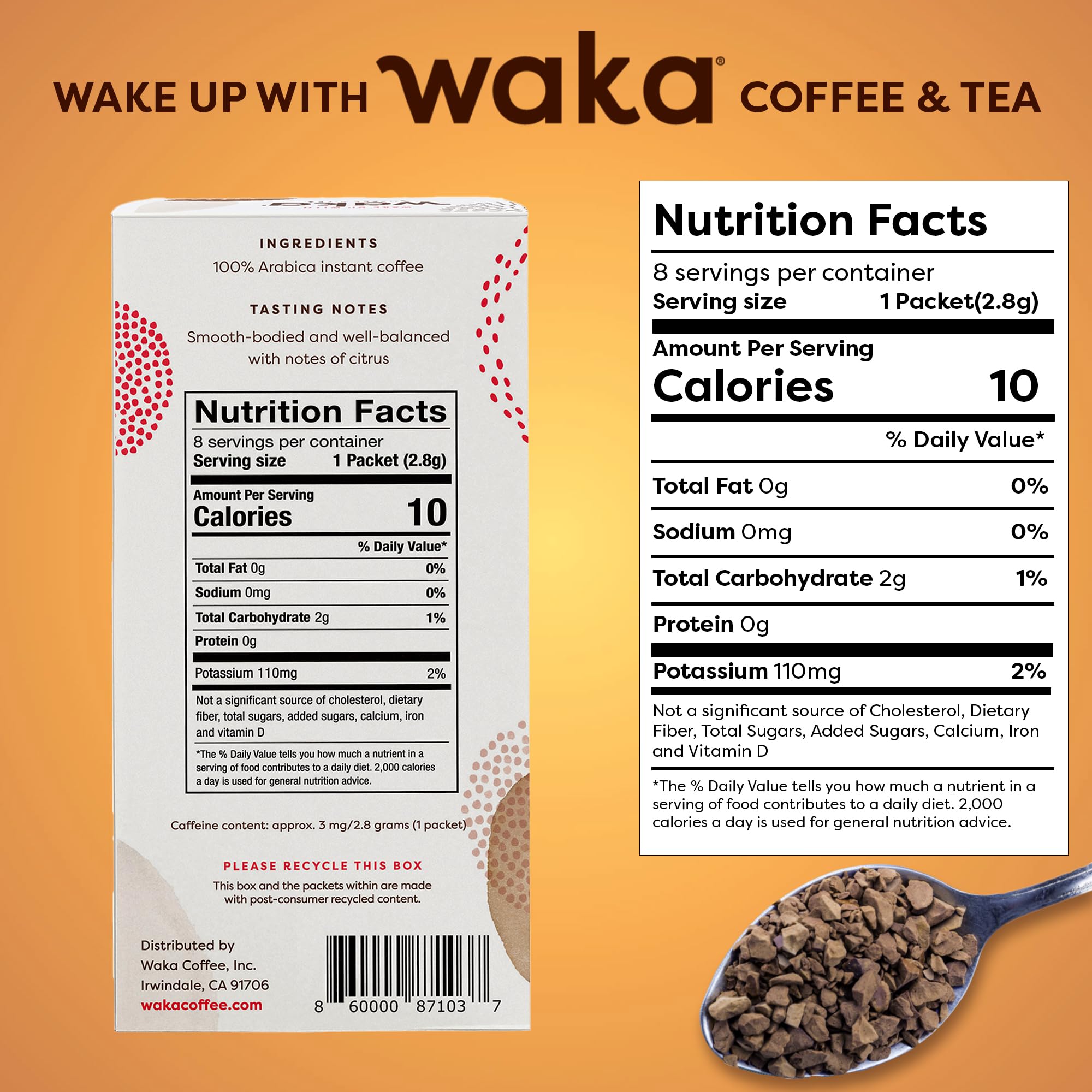 Waka Premium Decaf Instant Coffee Sachets - 100% Arabica Freeze Dried Beans - For Hot or Iced Coffee (8 Count, Decaf Medium Roast)