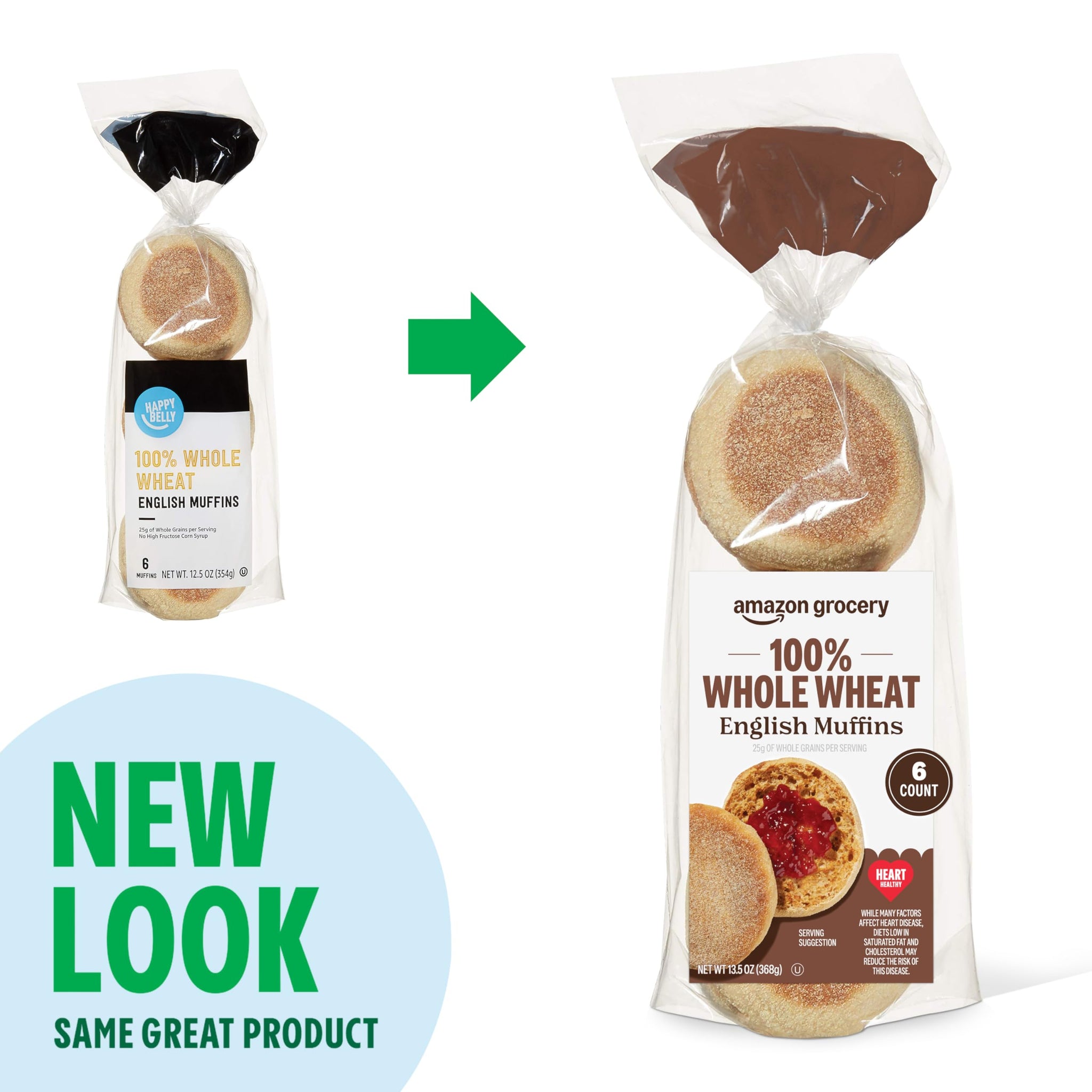 Amazon Grocery, 100% Whole Wheat English Muffins, 13.5 Oz, 6 Ct, (Previously Happy Belly, Packaging May Vary)