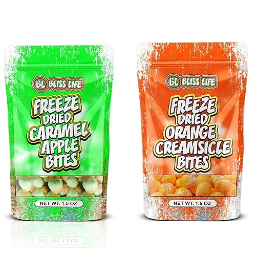 Bliss Life Freeze Dried Caramel Apple & Orange Creamsicle 1.5oz Bundle, ASMR Crunchy Fruit Candy, Sweet and Tangy Kids Treats