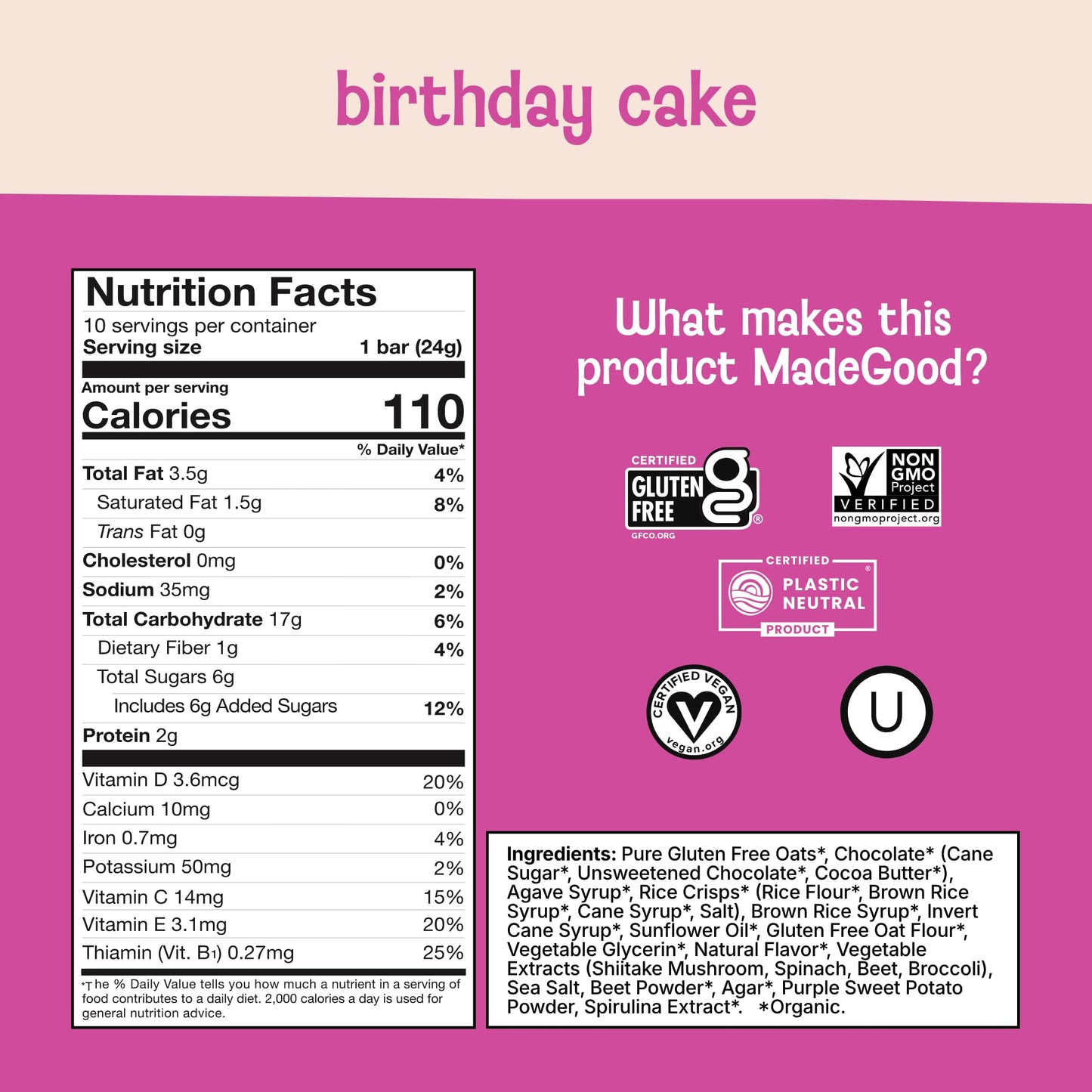 MadeGood Organic Chocolate Drizzled Birthday Cake Granola Bars (10 Count) 8.5 OZ