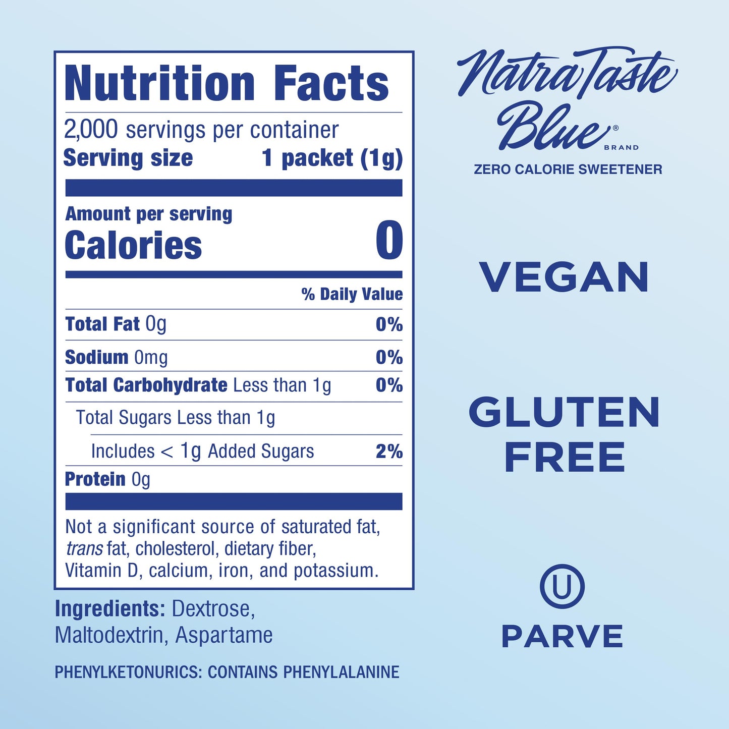 NatraTaste Blue Zero Calorie Aspartame Sweetener Packets, 2000 Ct., Gluten Free, Vegan, Sugar Substitute for Hot and Cold Drinks, Coffee, Iced Tea, Baking and More