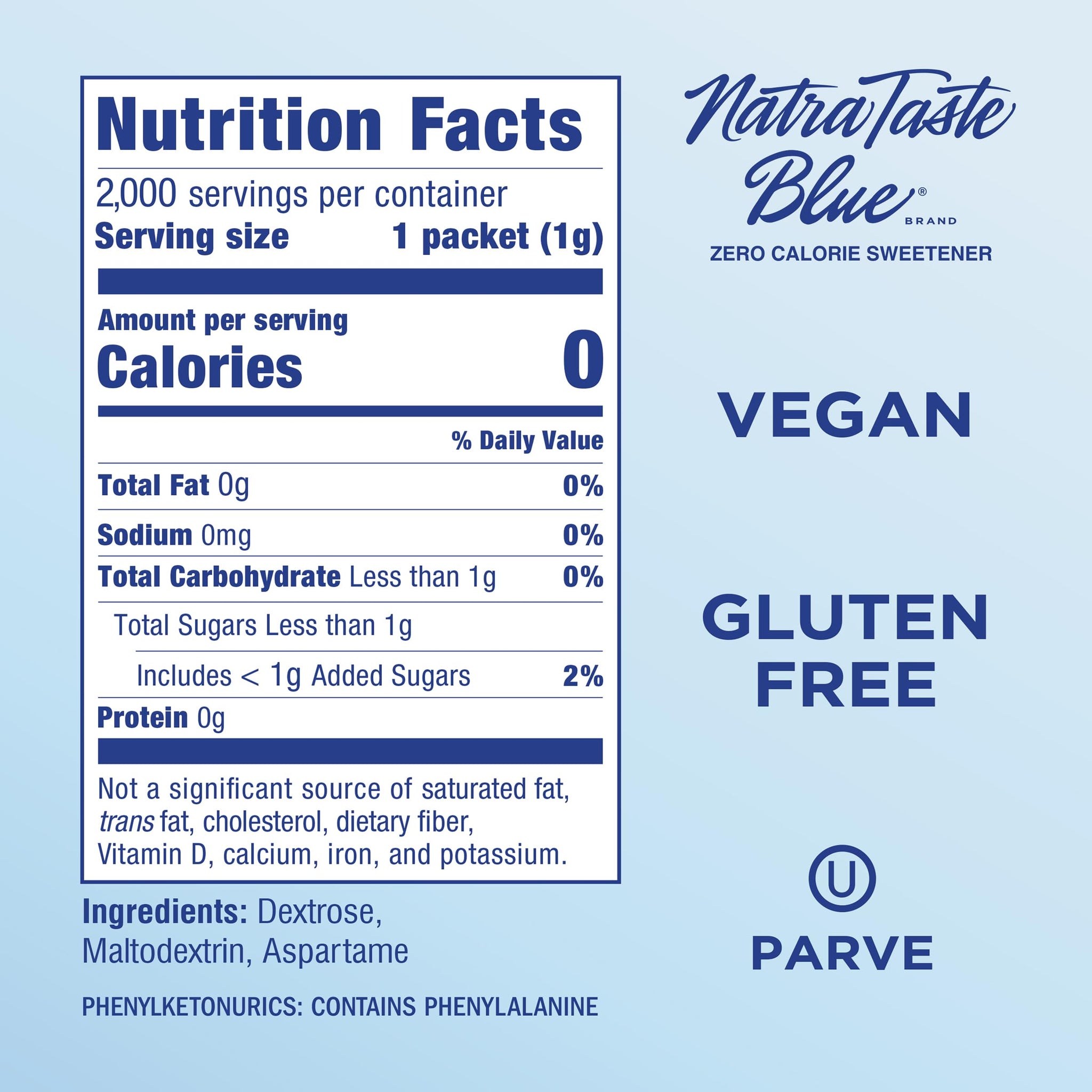 NatraTaste Blue Zero Calorie Aspartame Sweetener Packets, 2000 Ct., Gluten Free, Vegan, Sugar Substitute for Hot and Cold Drinks, Coffee, Iced Tea, Baking and More