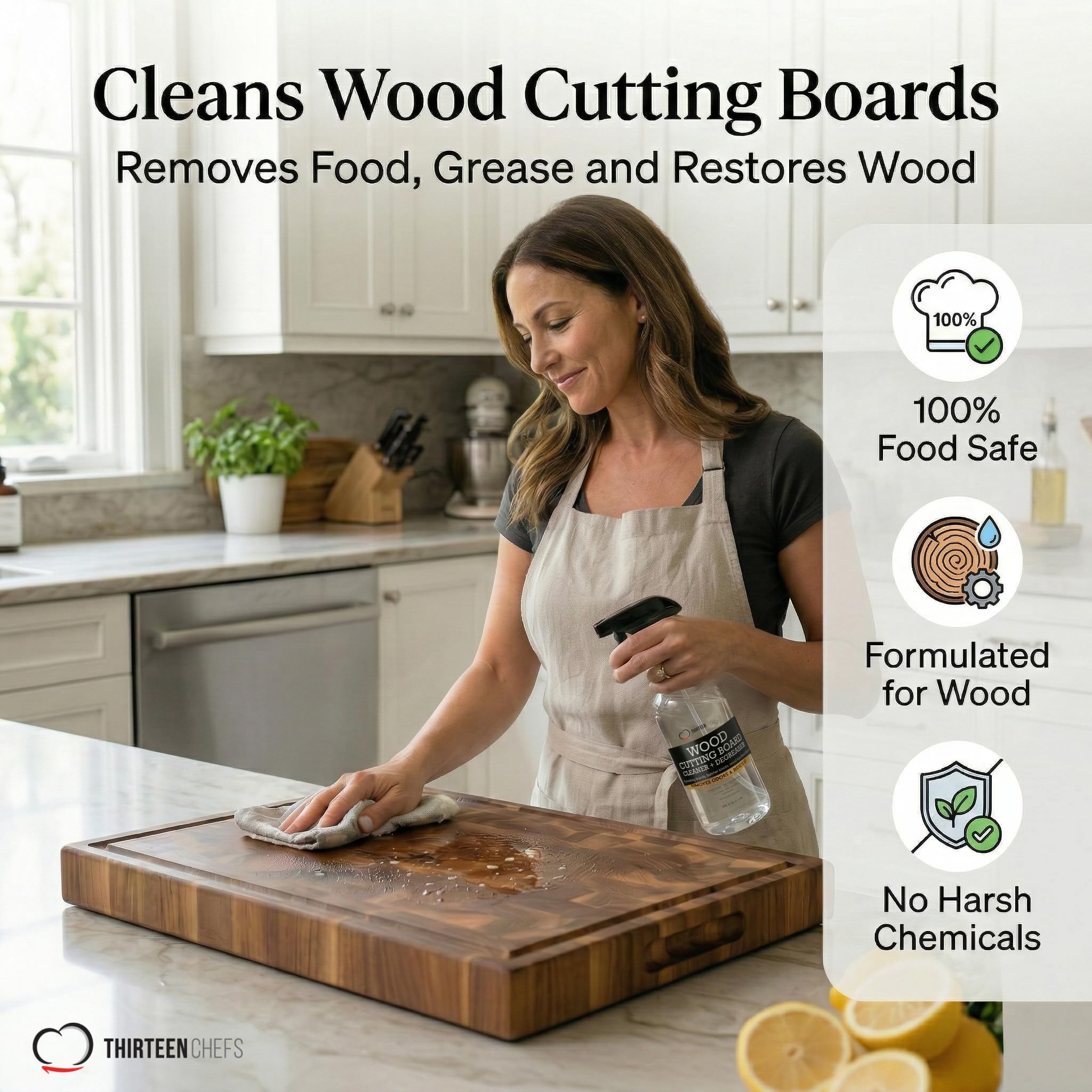 Thirteen Chefs Wood Cutting Board Cleaner - Food Safe Spray for Butcher Blocks and Countertops, Spray Soap for Wooden Surfaces (16oz)