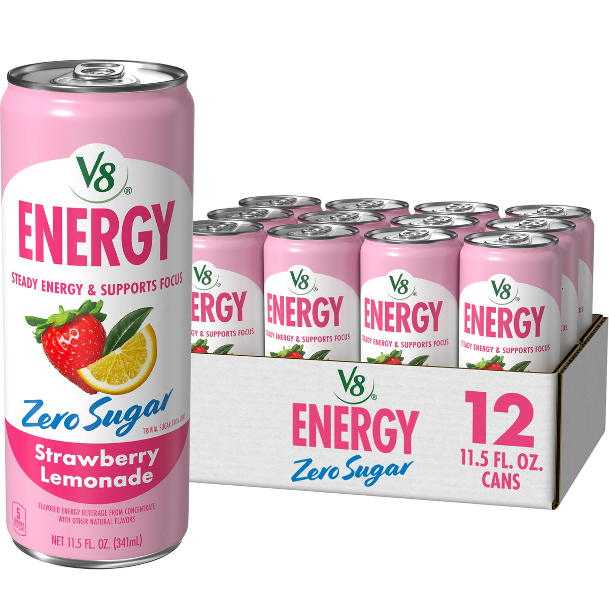 V8 Energy Zero Sugar Strawberry Lemonade, 11.5 fl. oz. Can (12 Pack)