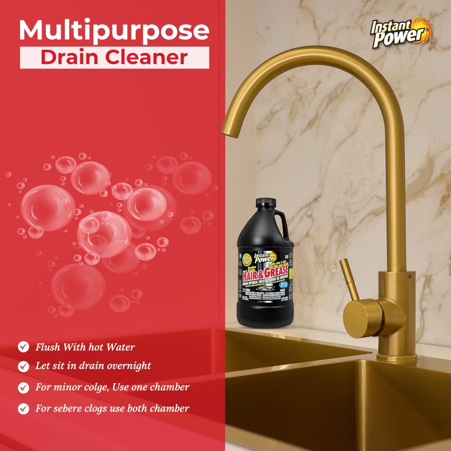 Hair & Grease Cleaner for Drains - Fast-Acting Liquid Clog Remover for Kitchen and Bathroom Plumbing, Safe for Pipes and Septic Systems, Includes