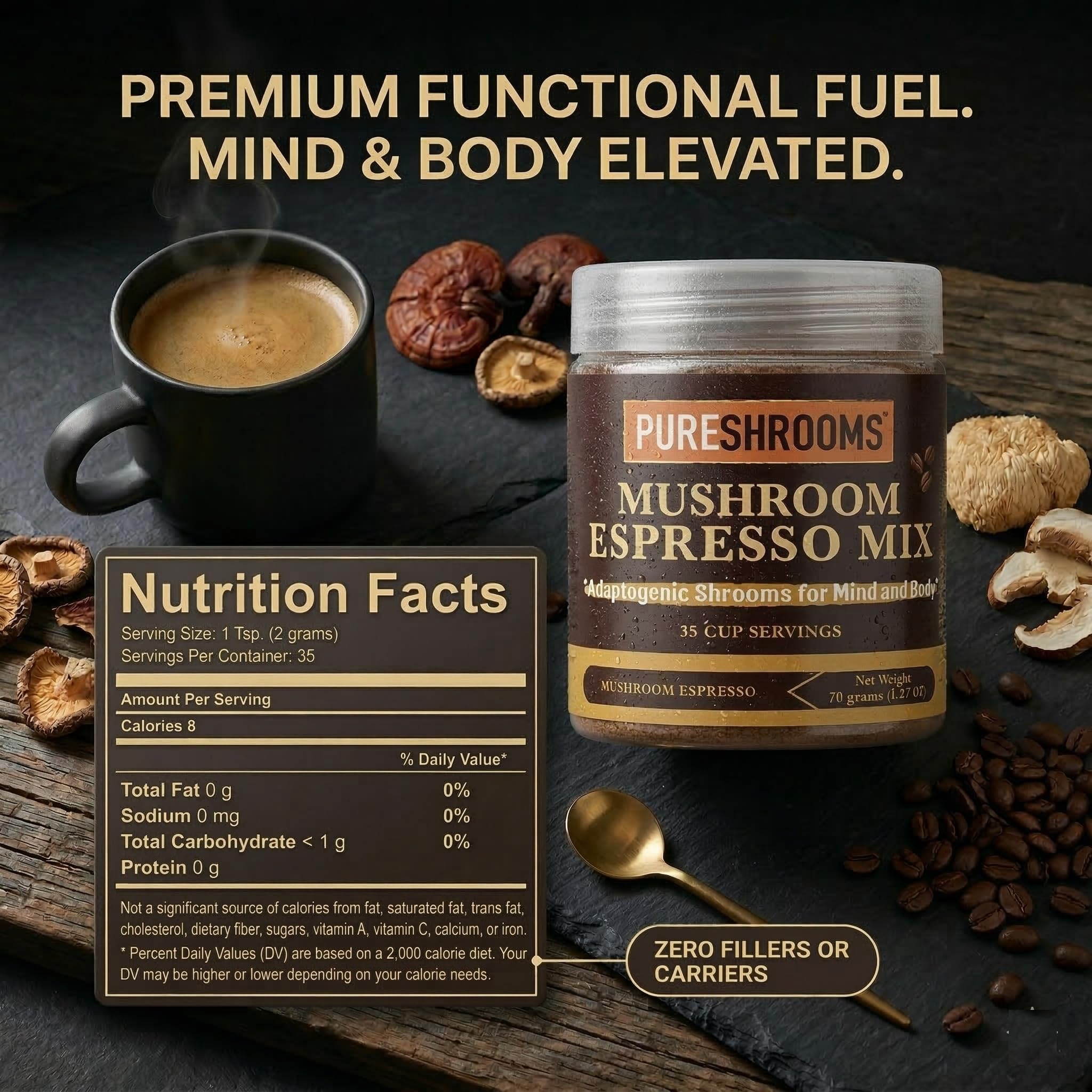 PureShrooms Instant Mushroom Espresso Blend - Organic Adaptogenic Coffee with Lion's Mane, Reishi, Cordyceps - Arabica & Robusta Blend, 70g - Mental