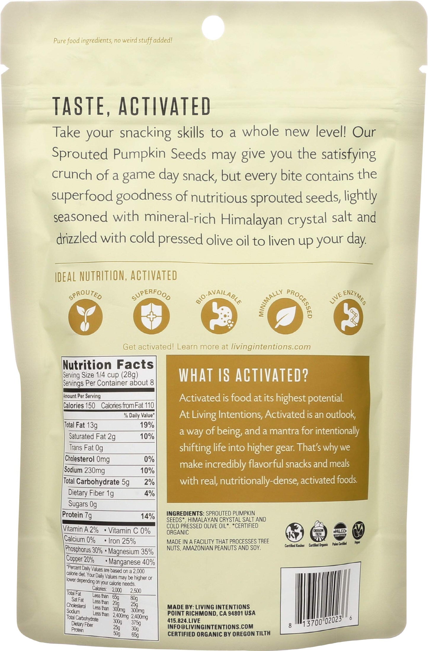 Living Intentions Organic Sprouted Pumpkin Seeds: Salted - NonGMO - Gluten Free - Vegan -Kosher - Paleo - 8 Ounce Unit