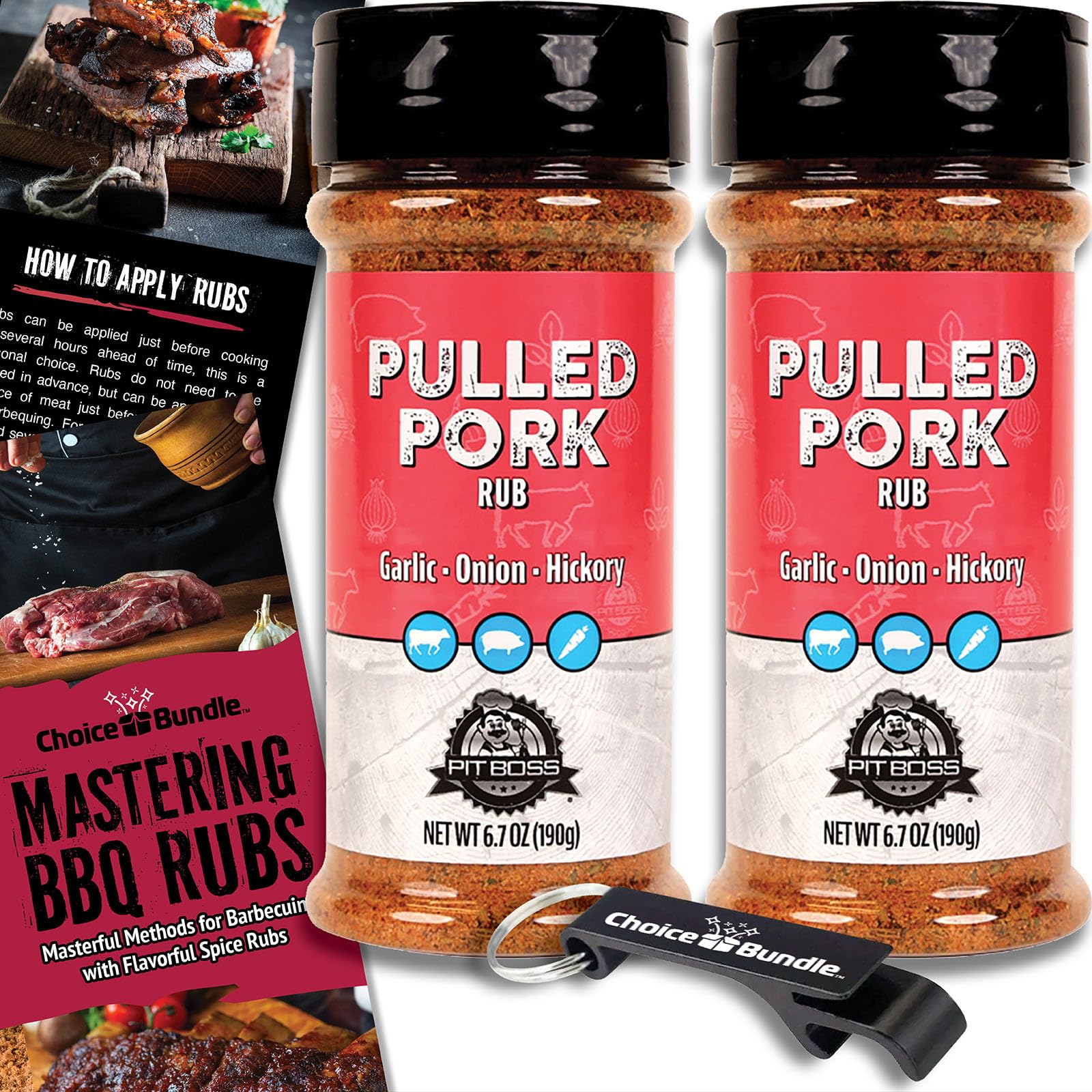 Pit Boss Pulled Pork Premium BBQ Barbecue Mixed Seasoning Spice & Rub 2 pk Choice Bundle (13.4 oz) + Guide & Keychain Bottle Opener (4 Items)!