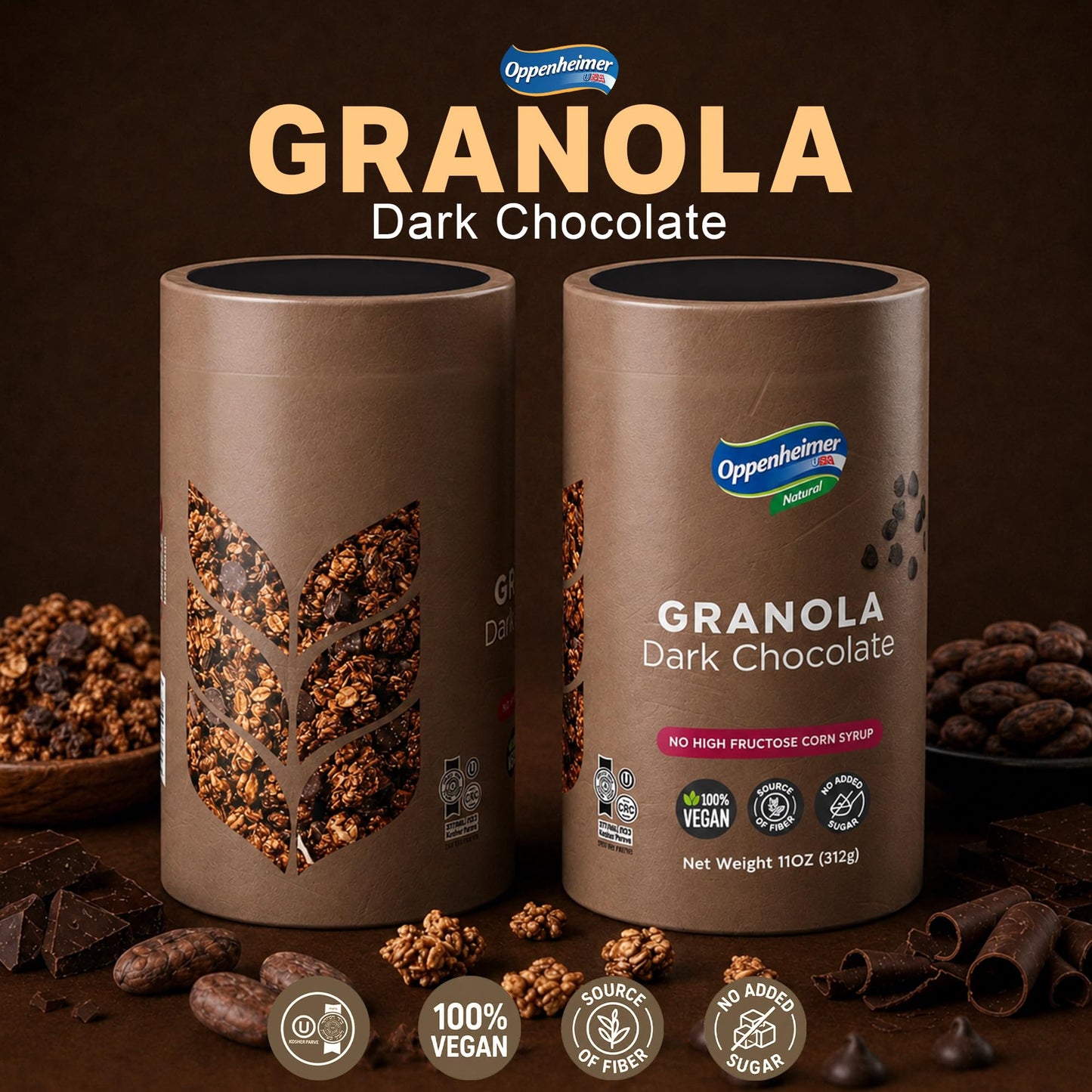 Oppenheimer USA Dark Chocolate Chips Granola - 11 oz Canister - 100% Vegan, Plant Based Crunch Cereal & Yogurt Topper - Kosher, Source of Fiber, No