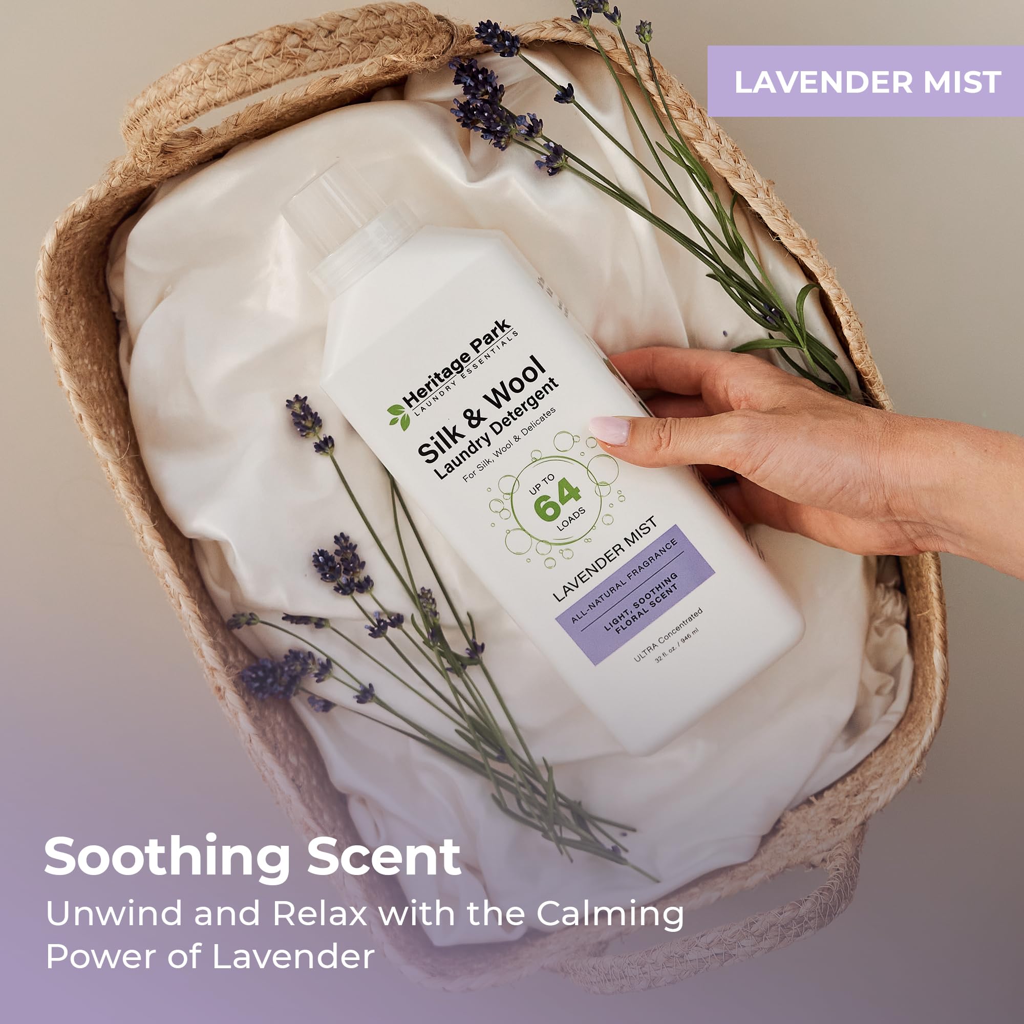 Heritage Park Silk & Wool All-Natural Lavender Mist Scent, pH-Neutral Laundry Detergent - Enzyme-Free, Concentrated Up to 64 loads (32 fl oz)