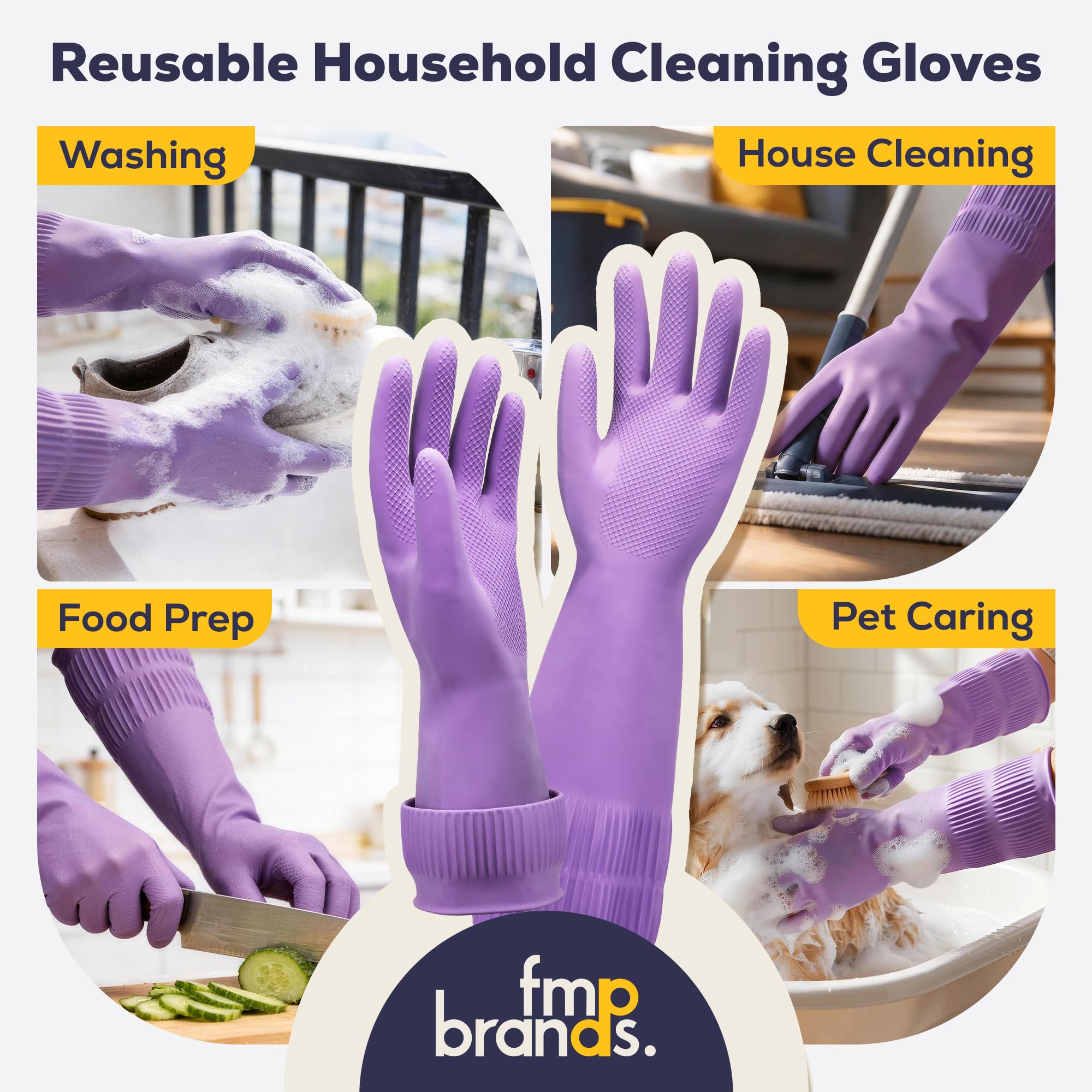 FMP Brands 3 Pairs Rubber Dishwashing Gloves-15'' Long Elastic Comfortable to Wear, Reinforced Non-Slip Design and Reusable for Household Cleaning