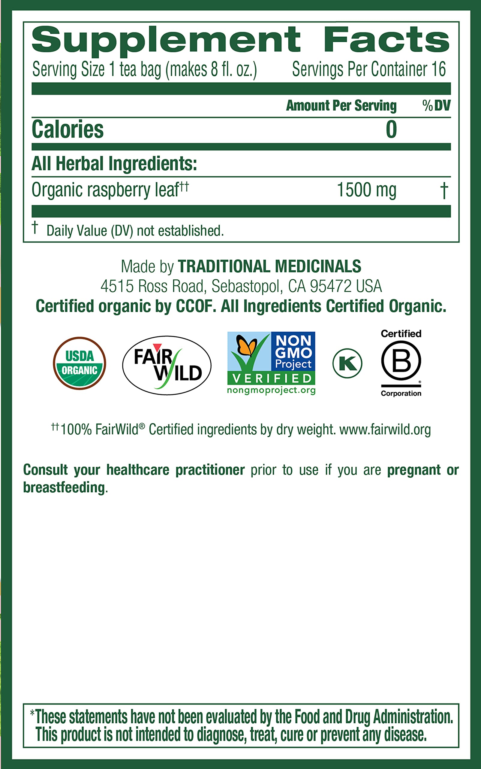 Traditional Medicinals Organic Raspberry Leaf Herbal Tea, Eases Menstrual Cramps & Supports Healthy Pregnancy, (Pack of 1) - 16 Tea Bags