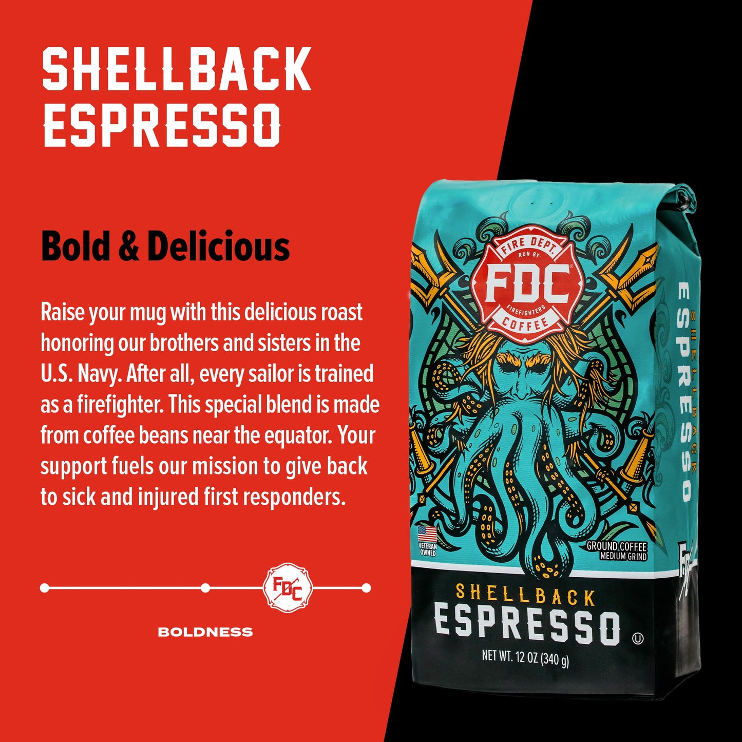 Fire Department Coffee - Gives Back to Firefighters - Bold & Smooth Shellback Espresso Ground Coffee - Roasted in the USA - Veteran Owned - 12 oz