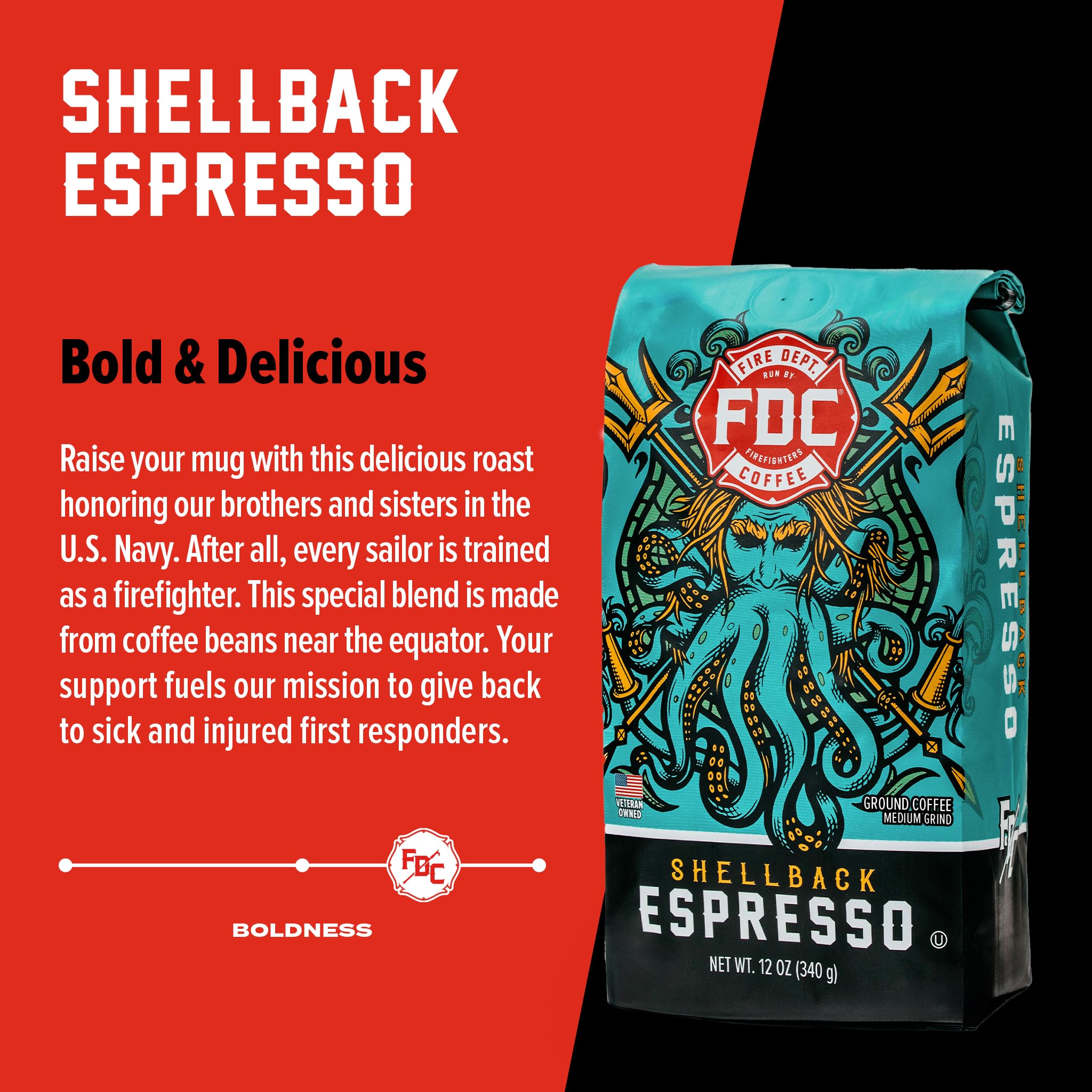 Fire Department Coffee - Gives Back to Firefighters - Bold & Smooth Shellback Espresso Ground Coffee - Roasted in the USA - Veteran Owned - 12 oz