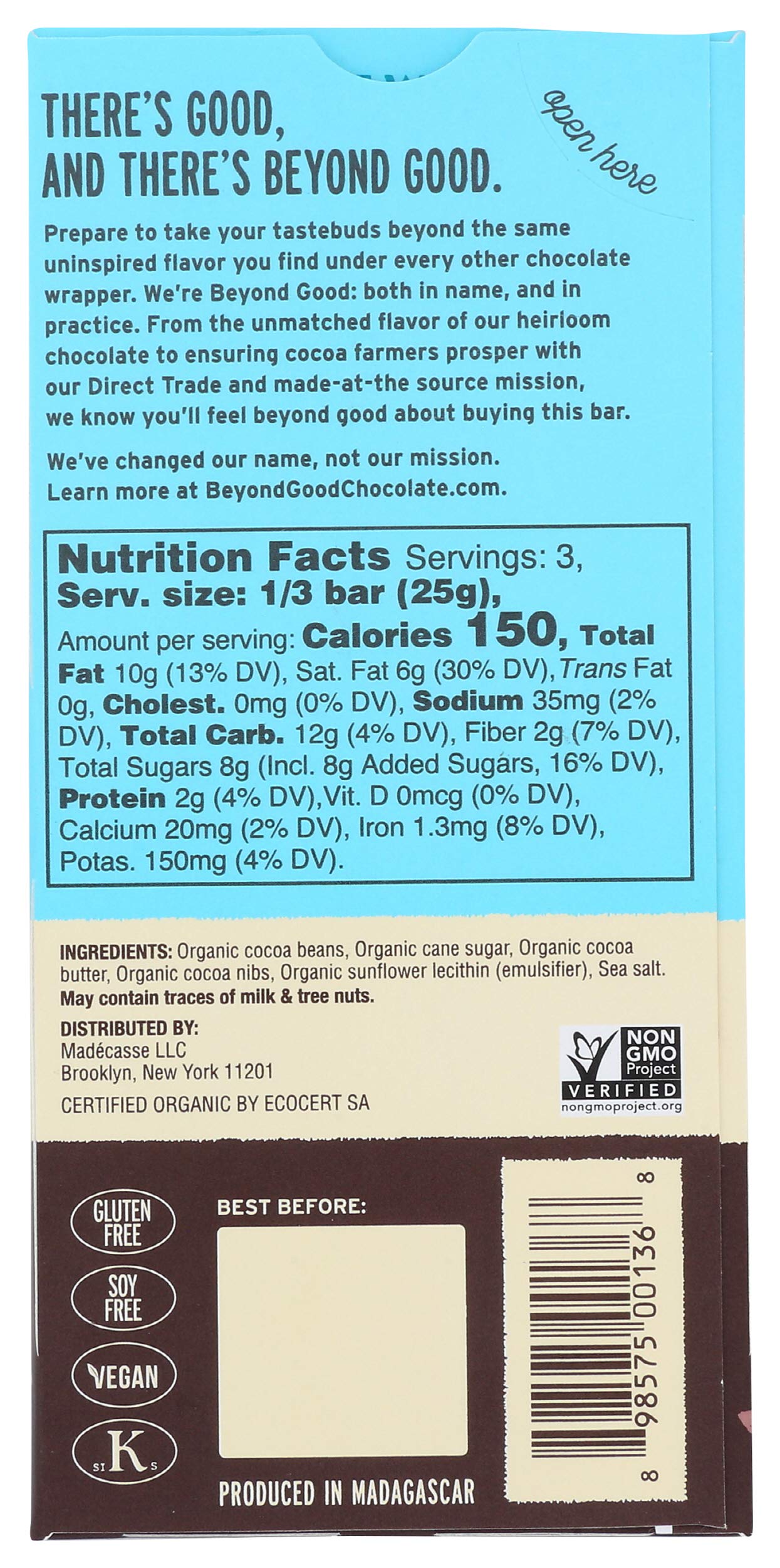 Madecasse Sea Salt and Nib Chocolate Bar, 2.64 Ounce -- 10 per case.