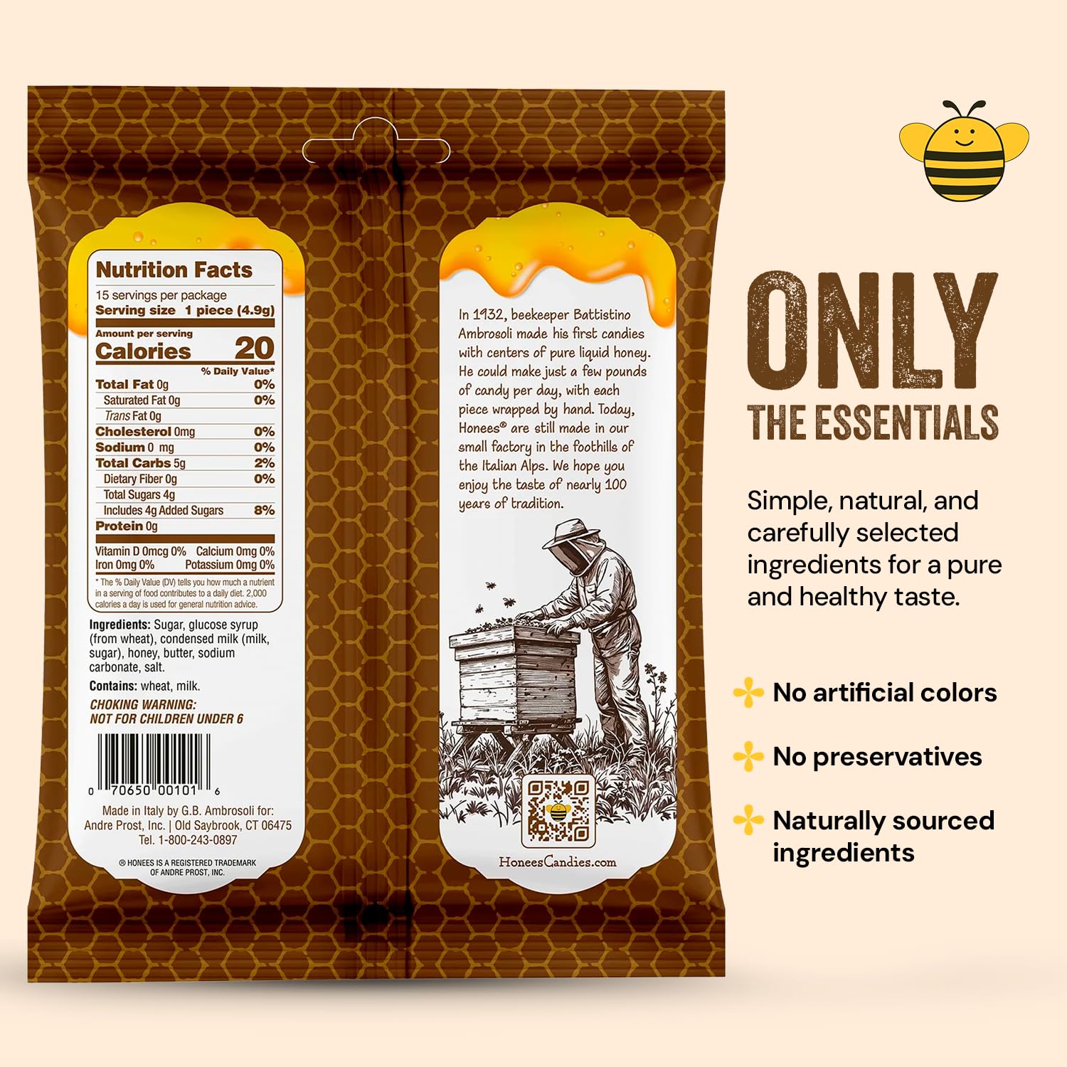Honees Honey Caramels Hard Candy Individually Wrapped | Natural & Healthy Candy, Italian Made with Milk & Pure Honey, 1 Pack (2.85 oz)
