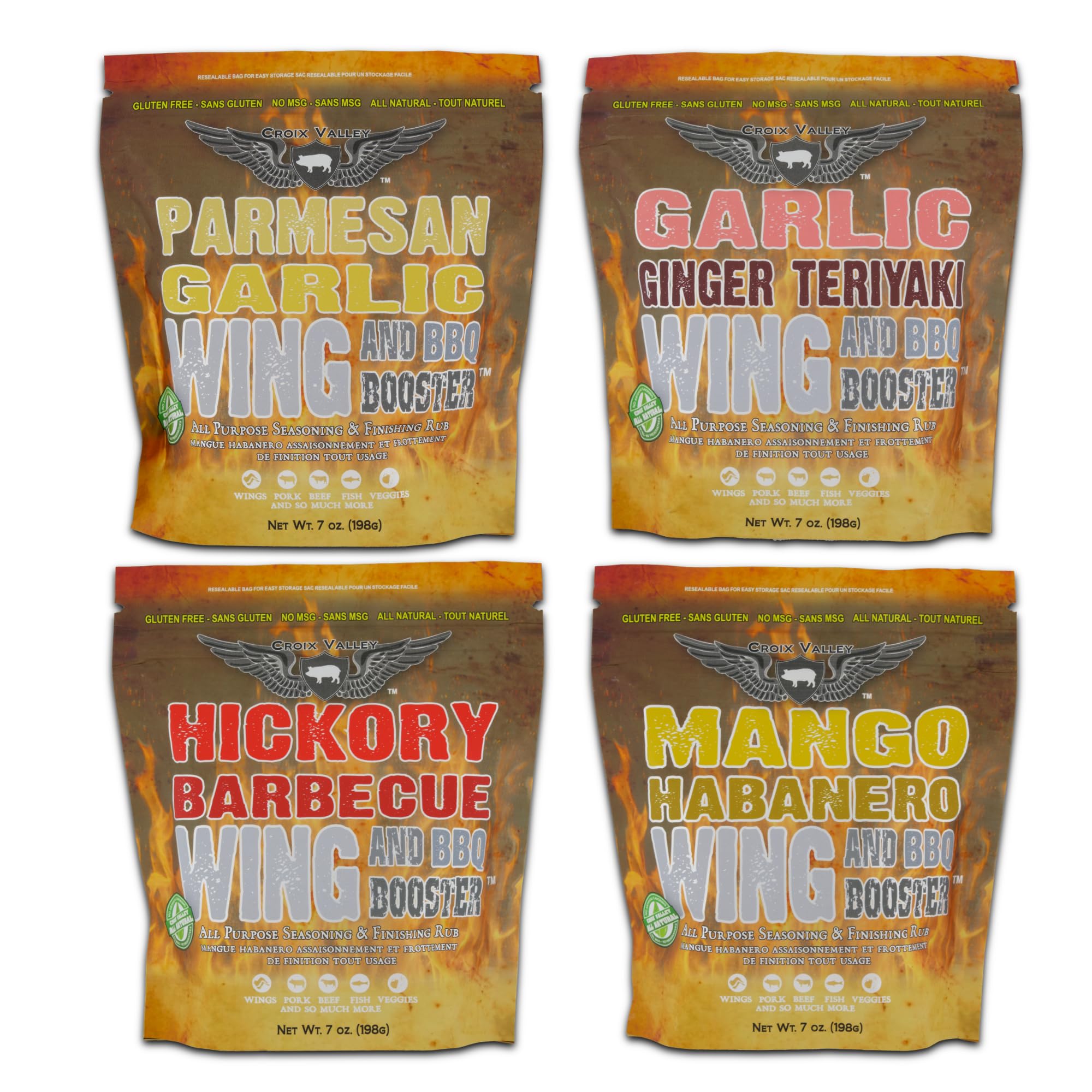 Croix Valley Wing & BBQ Booster™ Seasoning Variety Pack - 4 Pack (7 oz Foil Pouches) - Garlic Parmesan, Mango Habanero, Hickory BBQ & Teriyaki Wing