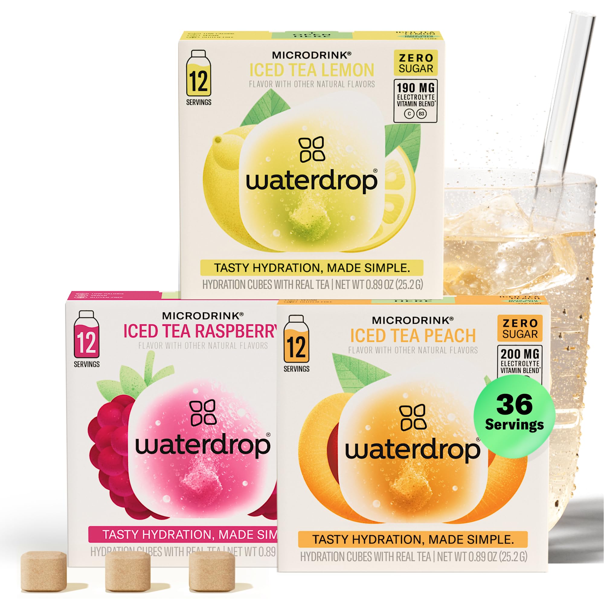 Waterdrop Hydration Cubes With Vitamin C, B Vitamins and Electrolytes, 3 Iced Tea Flavor Electrolyte Variety Pack, Flavored Water Enhancer Cubes
