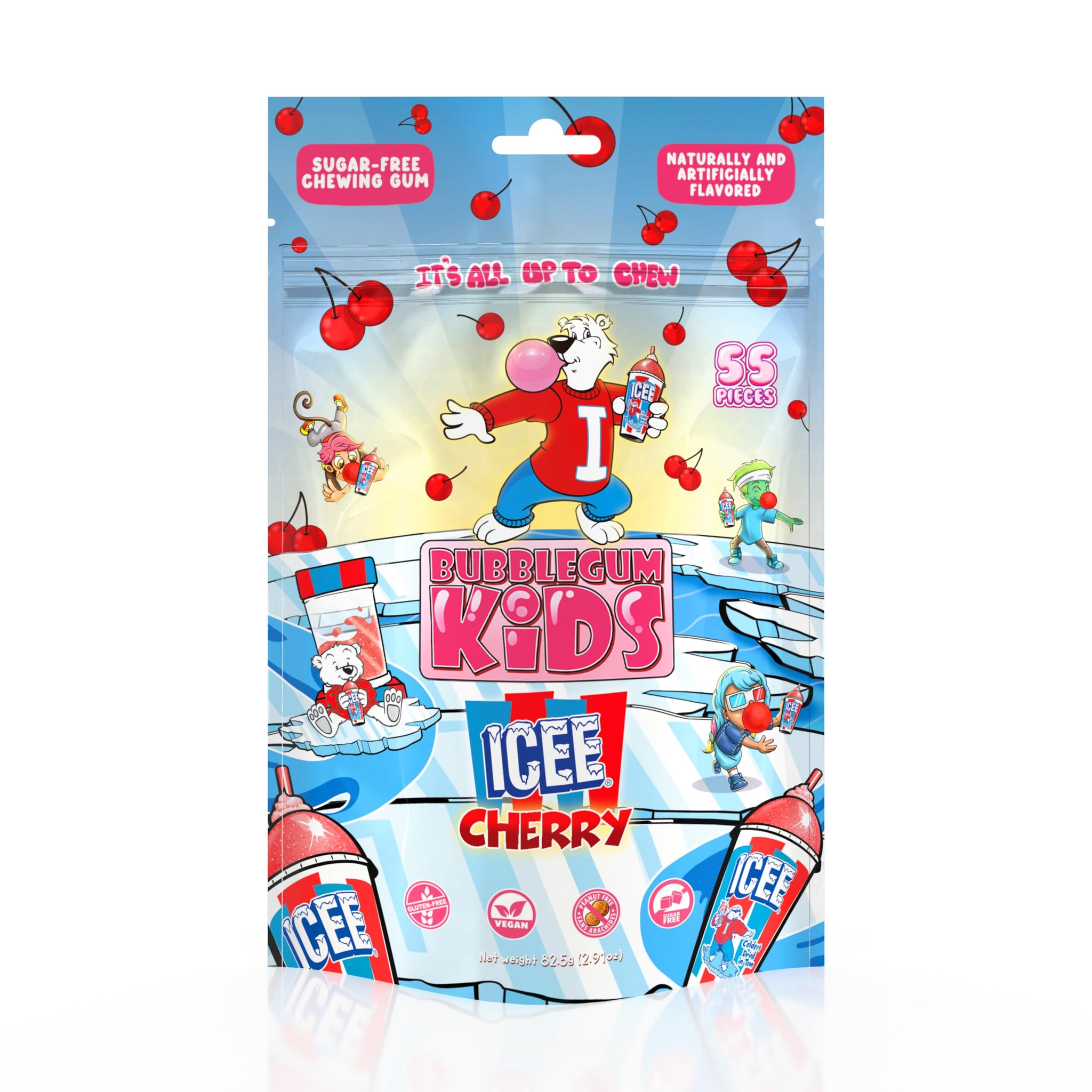 ICEE Cherry Sugar Free Gum by Bubblegum Kids | Sugarless Gum with Xylitol | Vegan, Peanut Free, Low Calorie Candy Alternative for Kids & Adults |