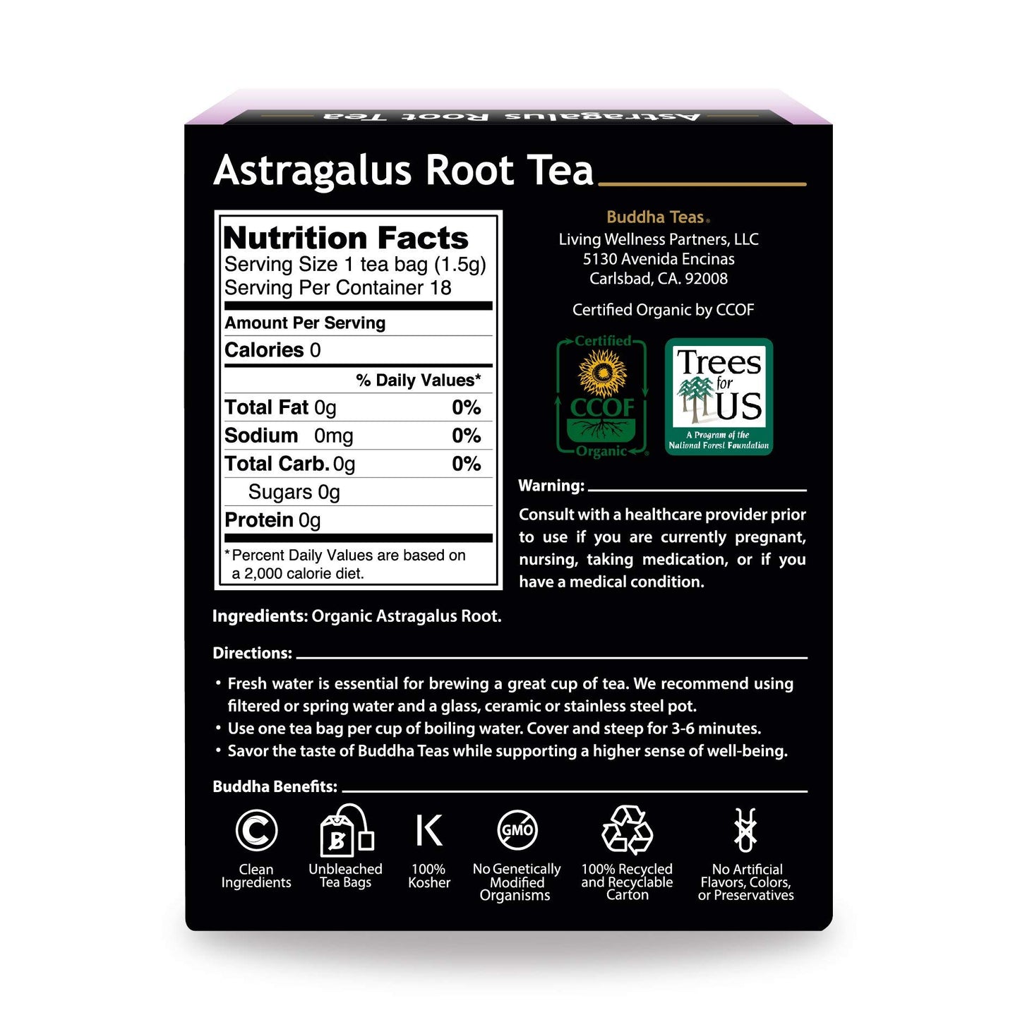 Buddha Teas Organic Astragalus Root Tea - OU Kosher, USDA Organic, CCOF, 18 Bleach-Free Tea Bag