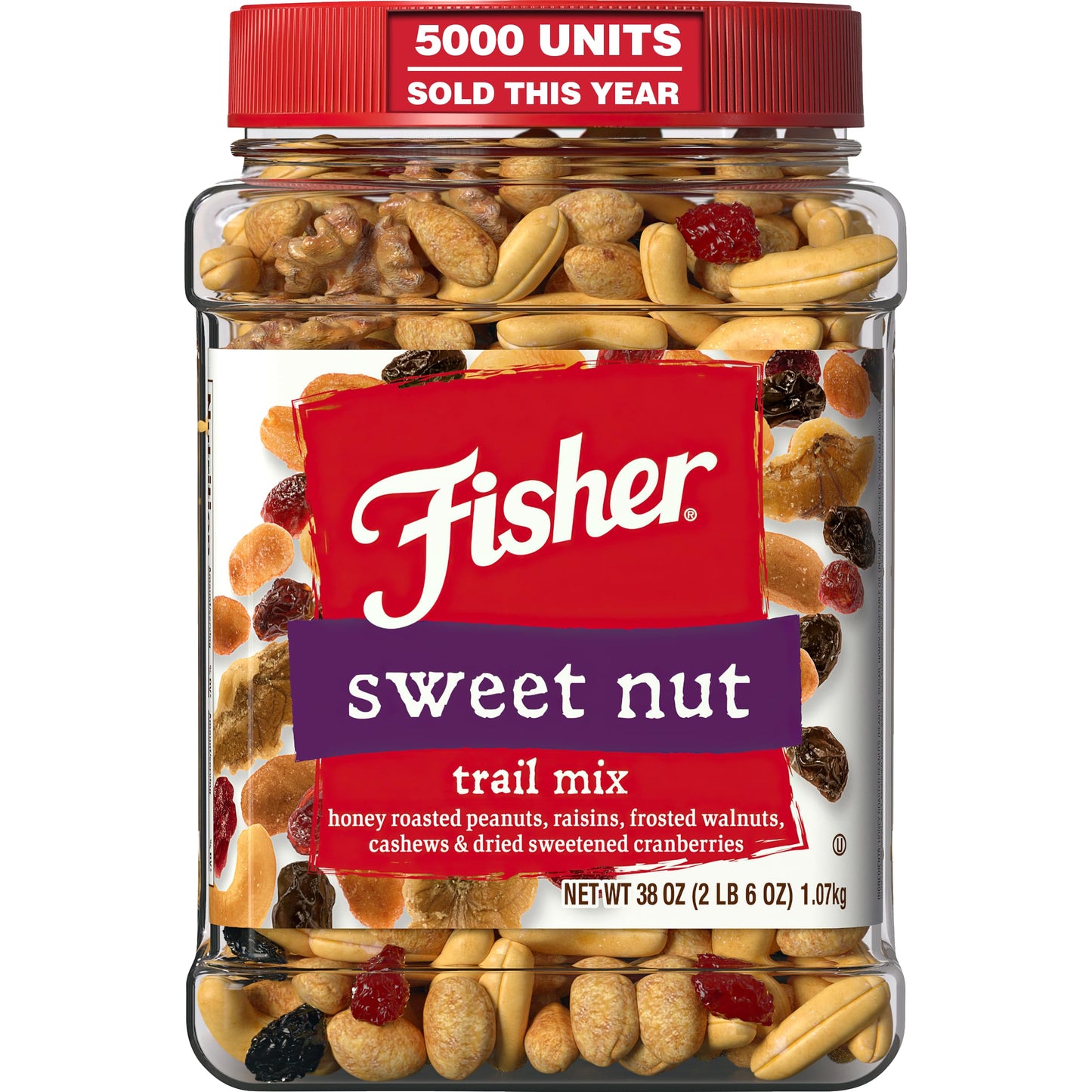 Fisher Snack Sweet Nut Bulk Trail Mix, 38 oz (Pack of 1), Honey Roasted Peanuts, Raisins, Frosted Walnuts, Cashews, Dried Sweetened Cranberries