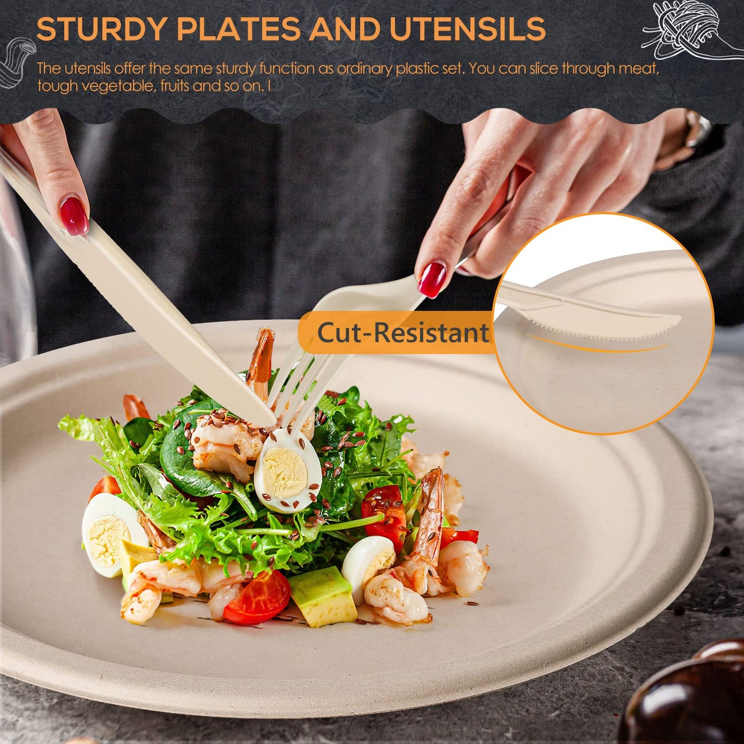Gezond 250Pcs Disposable Paper Plates Set, Compostable Plate Sugarcane Utensils Eco Friendly Dinnerware Kit Includes 50 Biodegradable Plates, Forks
