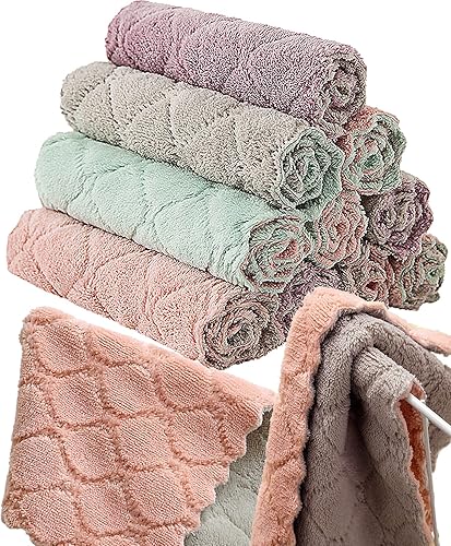 12 Pack Kitchen Towels Quick Dry Washcloths, Coral Velvet Dishtowels Multipurpose Reusable Cloths, Soft Tea Absorbent Cleaning Cloths Double-Sided