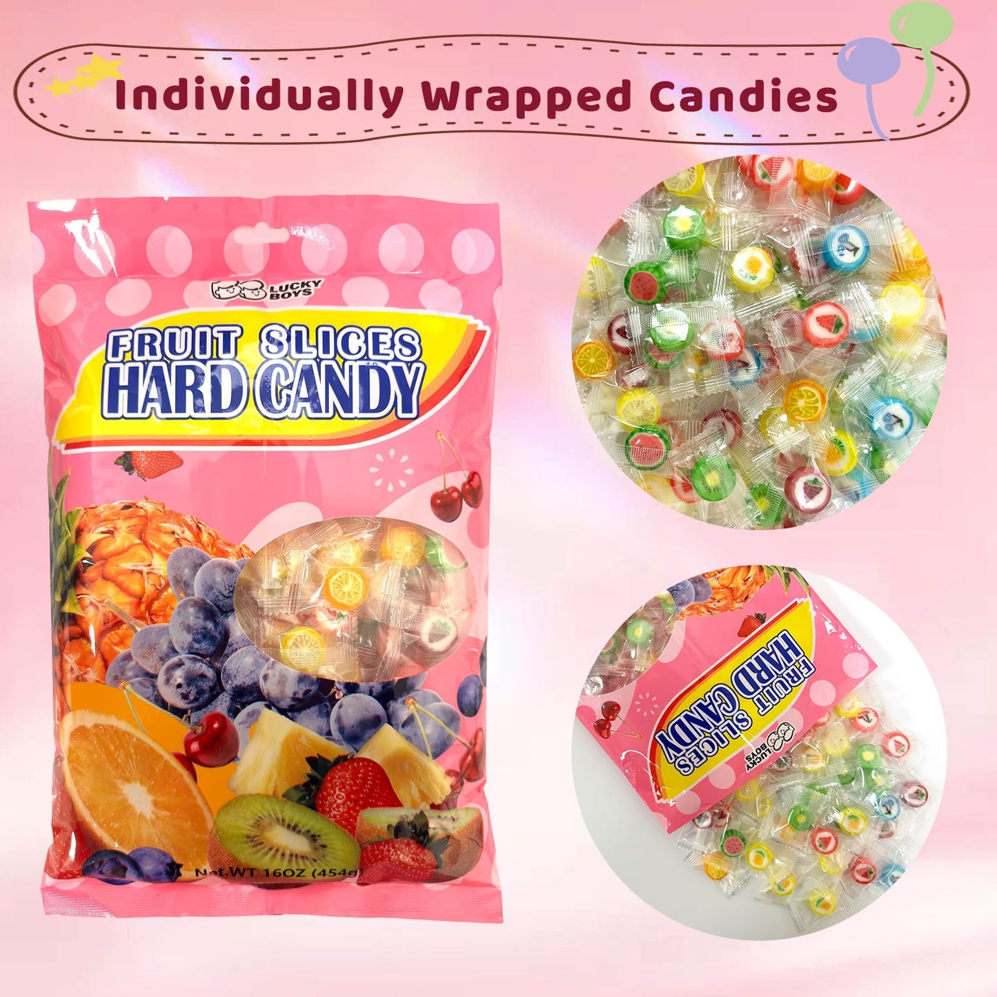 Lucky Boys Fruit Slices Candy Hard Candy Bulk 1 lb Bag of Individually Wrapped Small Candy Variety Fruity Flavors Great for Office, Reception, Buffet