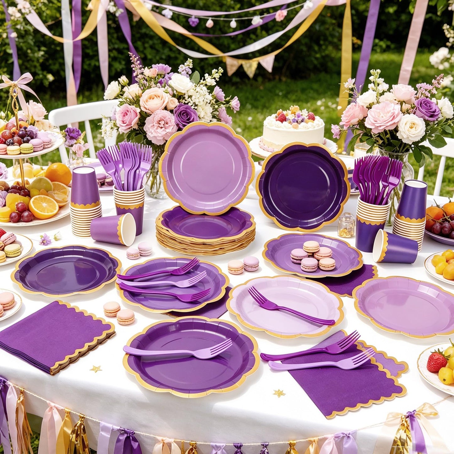 CLIYTICA Purple Paper Plates and Napkins Party Supplies Serves for 48 Guests, Disposable Gradient 9’’ Scalloped Lavender and Gold Plates Tableware Set