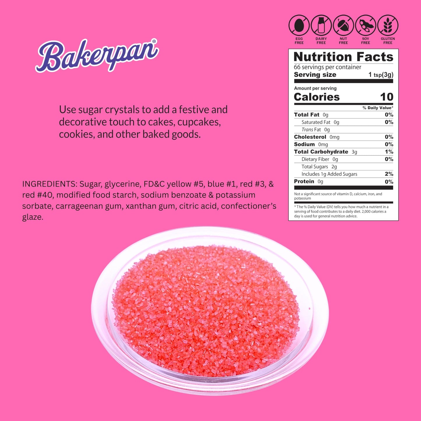 Bakerpan Sugar Sprinkles for Baking - 7 Ounce Hot Pink Decorating Sugar Crystals for Cookies, Cake Pops, Ice Cream (Made in USA)