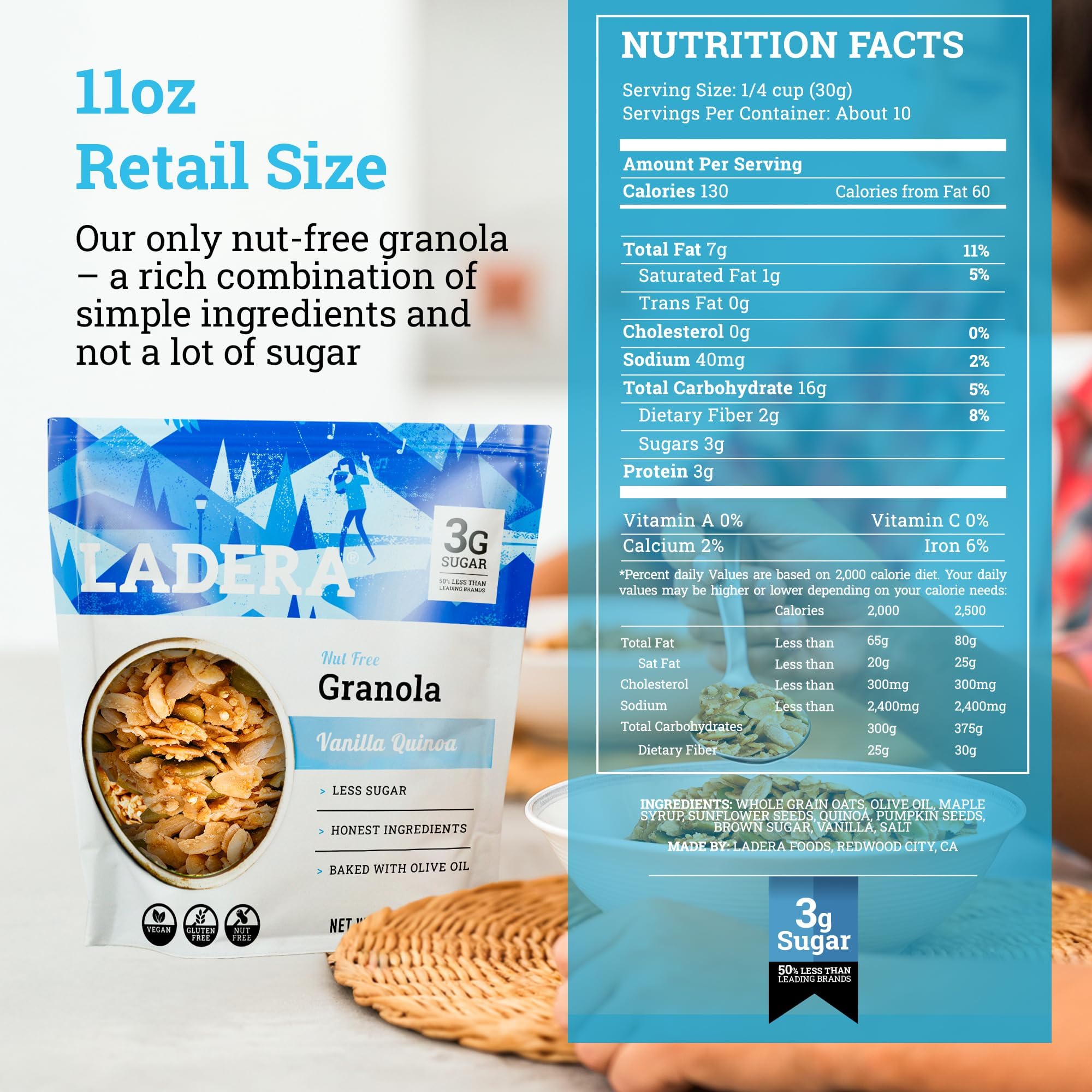 Ladera Vanilla Quinoa Granola - Nut Free Low Sugar Breakfast Cereal, Gluten Free & Vegan, Honest Ingredients, 11 OZ
