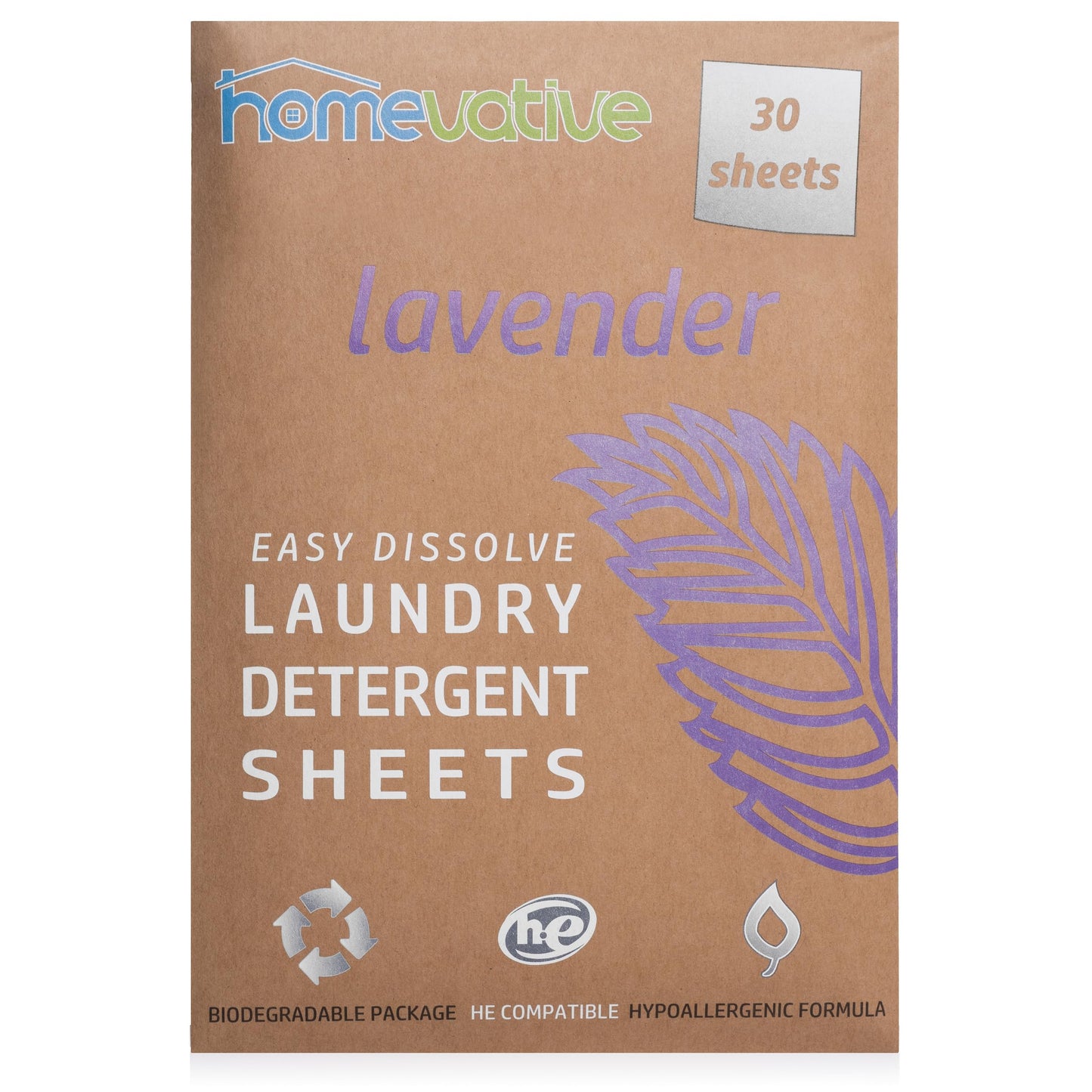 Homevative Laundry Detergent Sheets, 30 Sheets, Up to 60 Loads, Easy Dissolve, Lavender, Eco package, HE Compatible, Septic friendly, Great