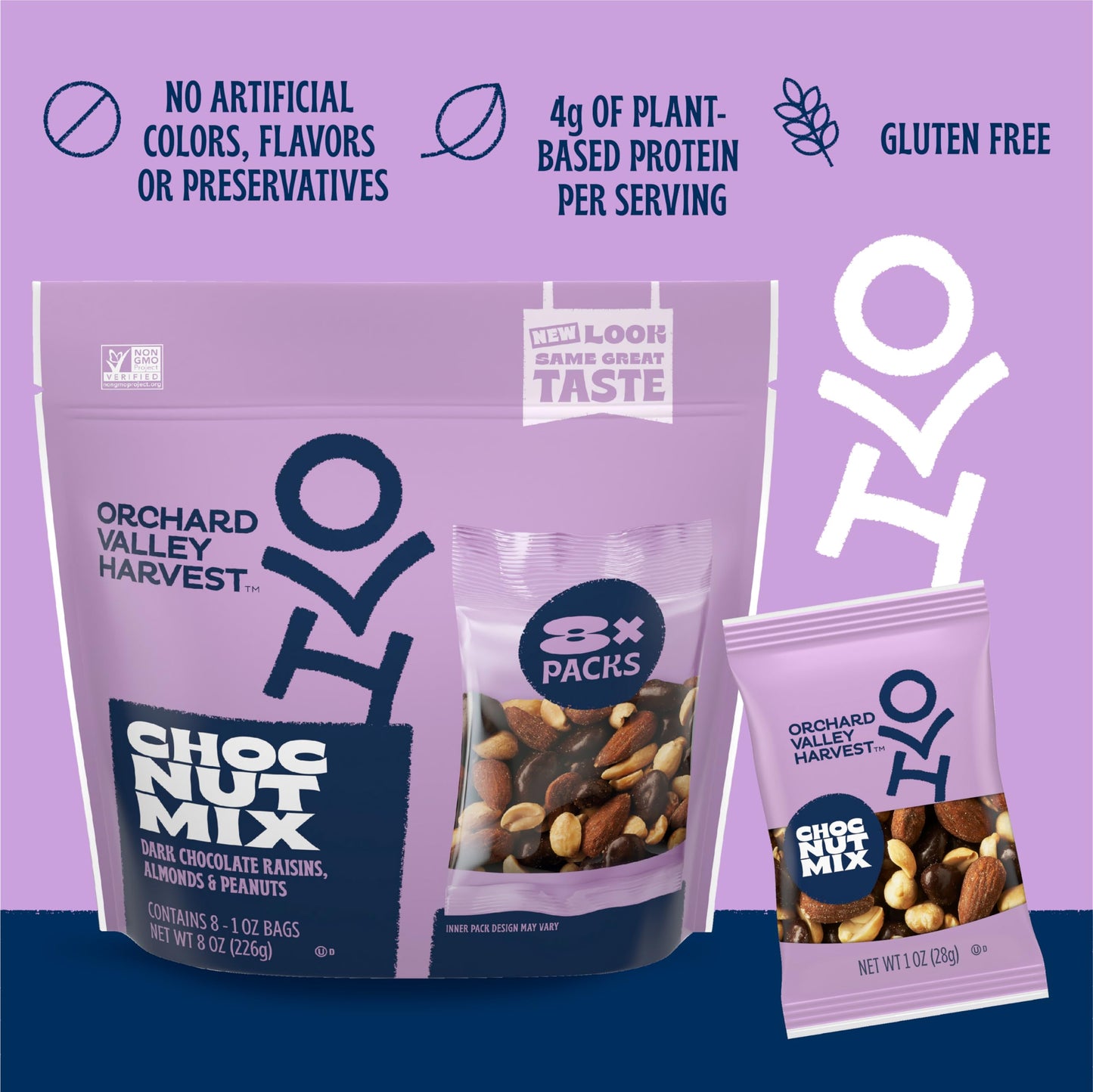 Orchard Valley Harvest Choc Nut Mix Multipack, 1 oz (Pack of 8), Dark Chocolate Raisins, Almonds & Peanuts, Gluten Free, Stand Up Bag, Non-GMO, 4g