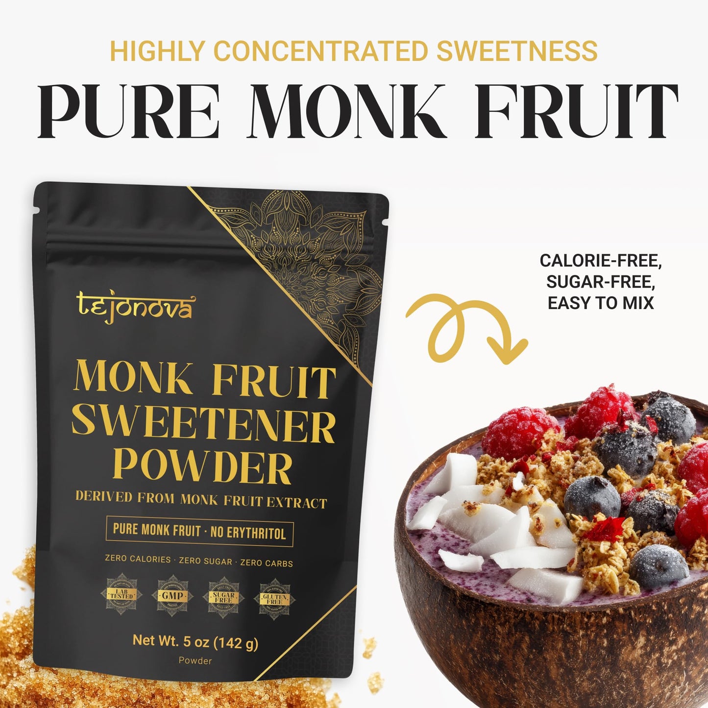 Pure Monk Fruit Sweetener No Erythritol - 100% Pure Monk Fruit Extract Powder, Zero Calorie Sugar Substitute, Keto Friendly, 5oz (450+ Servings)