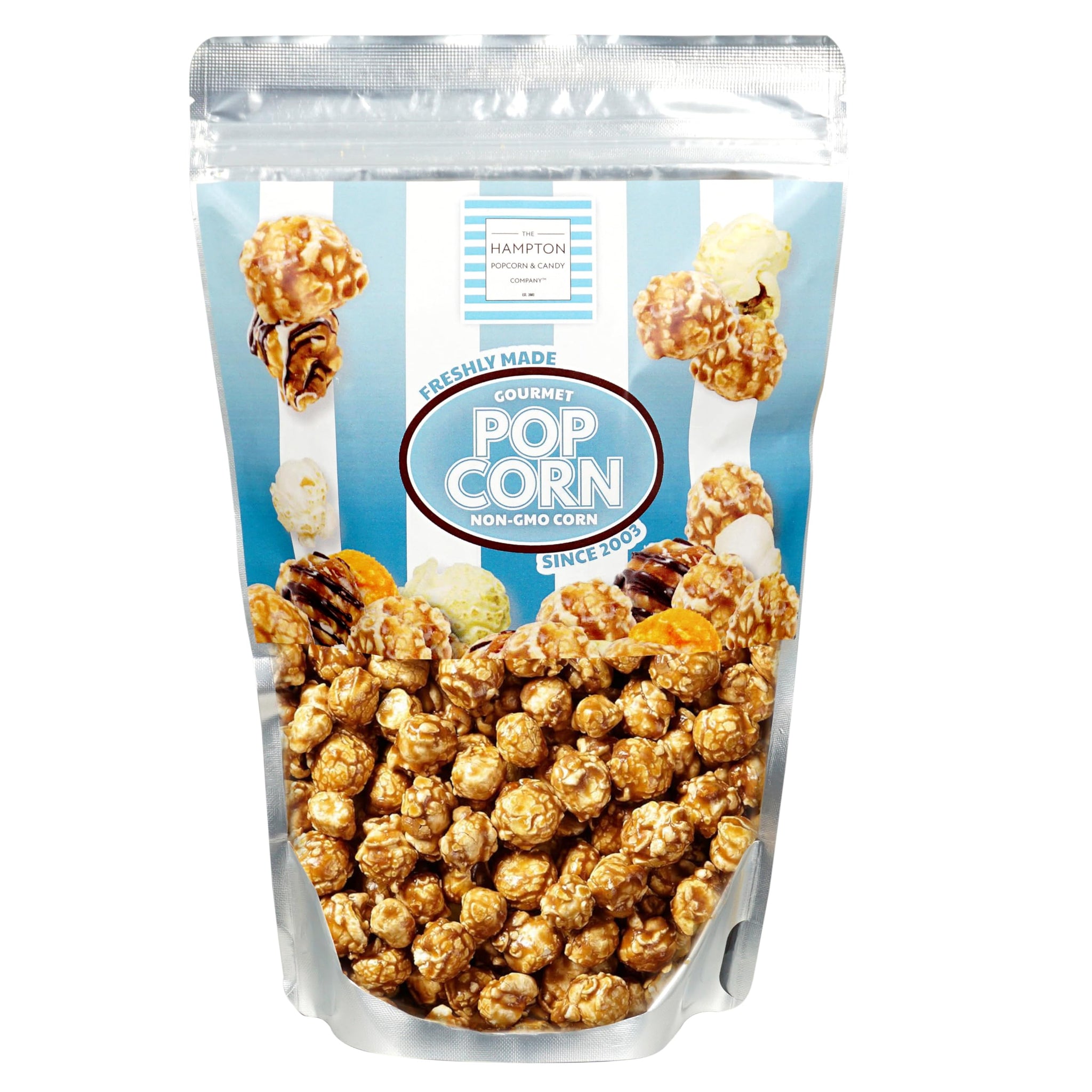 The Hampton Popcorn Company Caramel Popcorn Resealable Zip Bag, 9.5 Ounce, Caramel Corn, Fresh Gourmet Popcorn