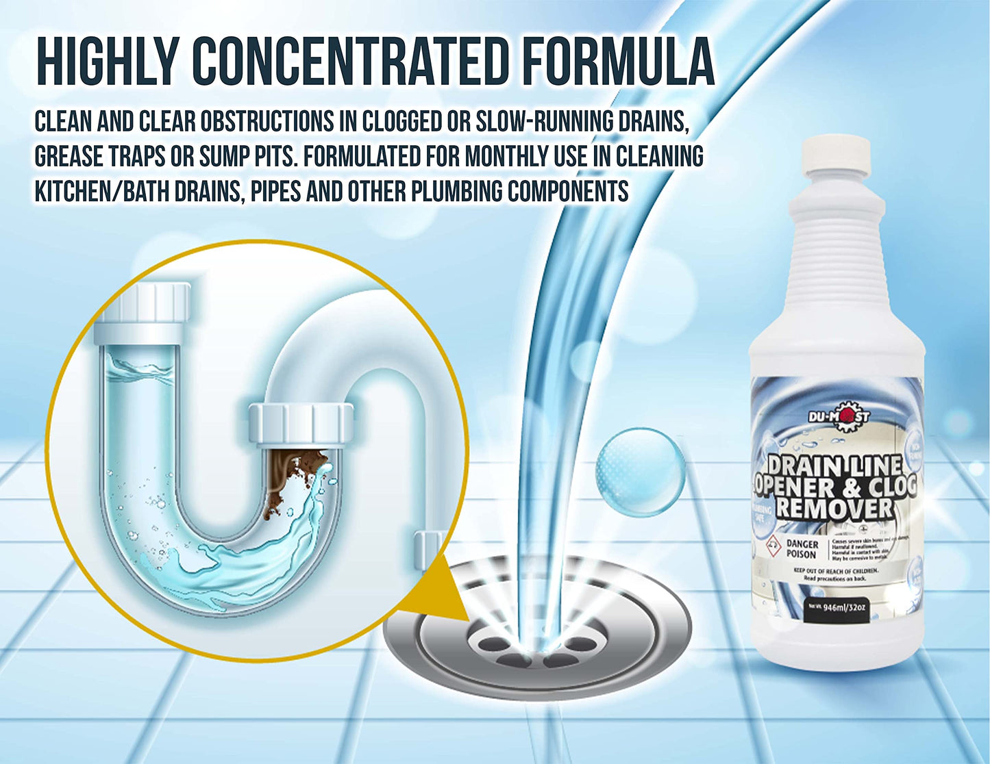 DU-MOST Drain Line Opener & Clog Remover, Concentrated Alkaline Based Cleaner, Non-Fuming, Non-Acid, Dissolve & Remove Obstructions in Clogged or