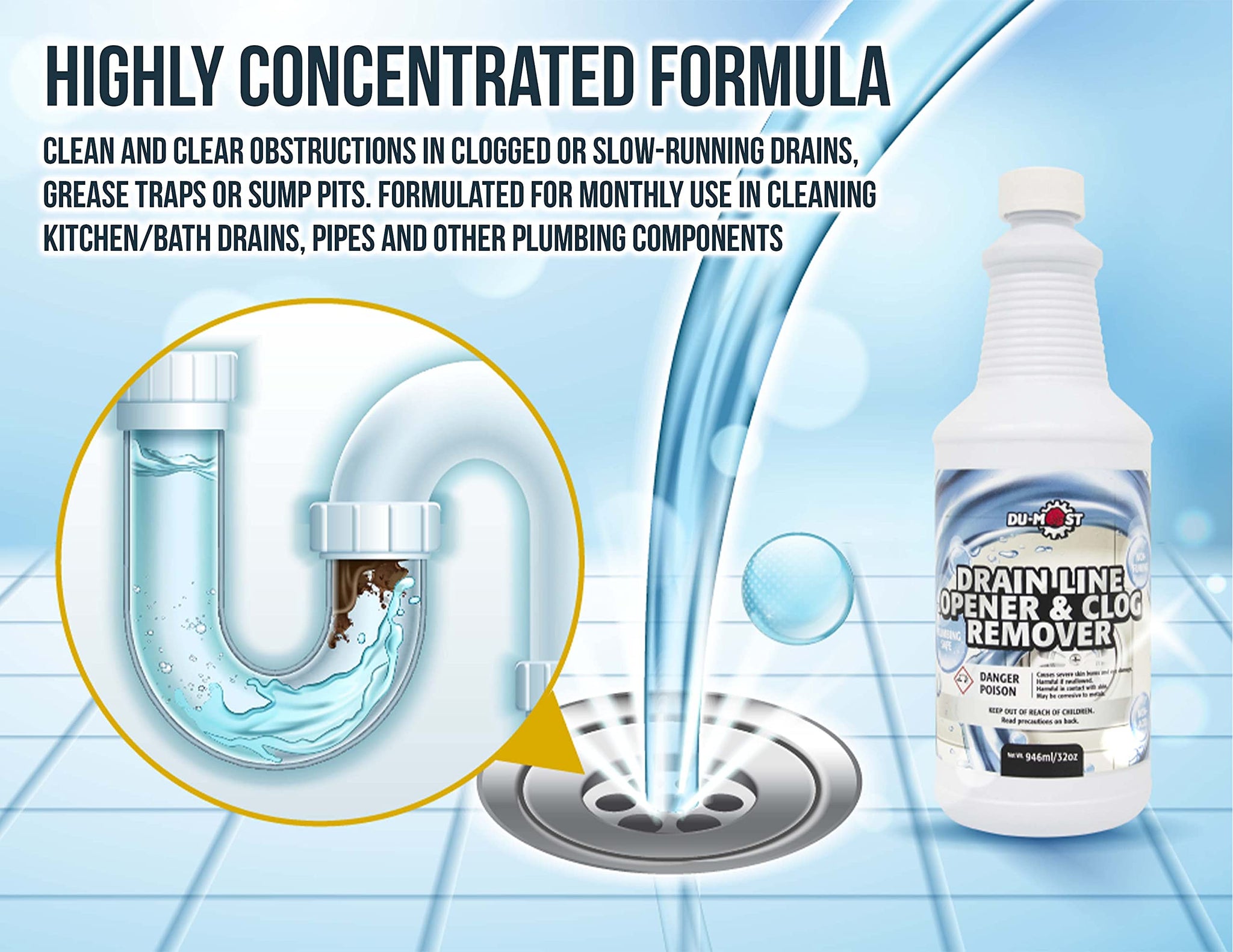 DU-MOST Drain Line Opener & Clog Remover, Concentrated Alkaline Based Cleaner, Non-Fuming, Non-Acid, Dissolve & Remove Obstructions in Clogged or