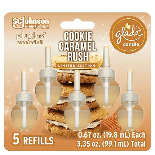 Glade PlugIns Refills Air Freshener, Scented and Essential Oils for Home and Bathroom, Cookie Caramel Rush, 3.35 Fl Oz, 5 Count